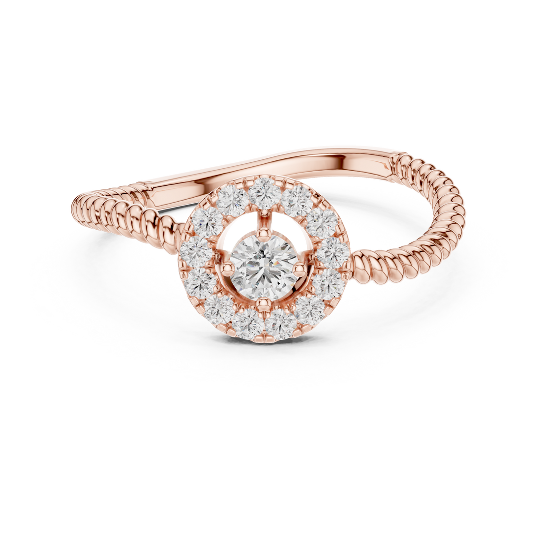 Round Cut Diamond Halo Ring with Twisted Band