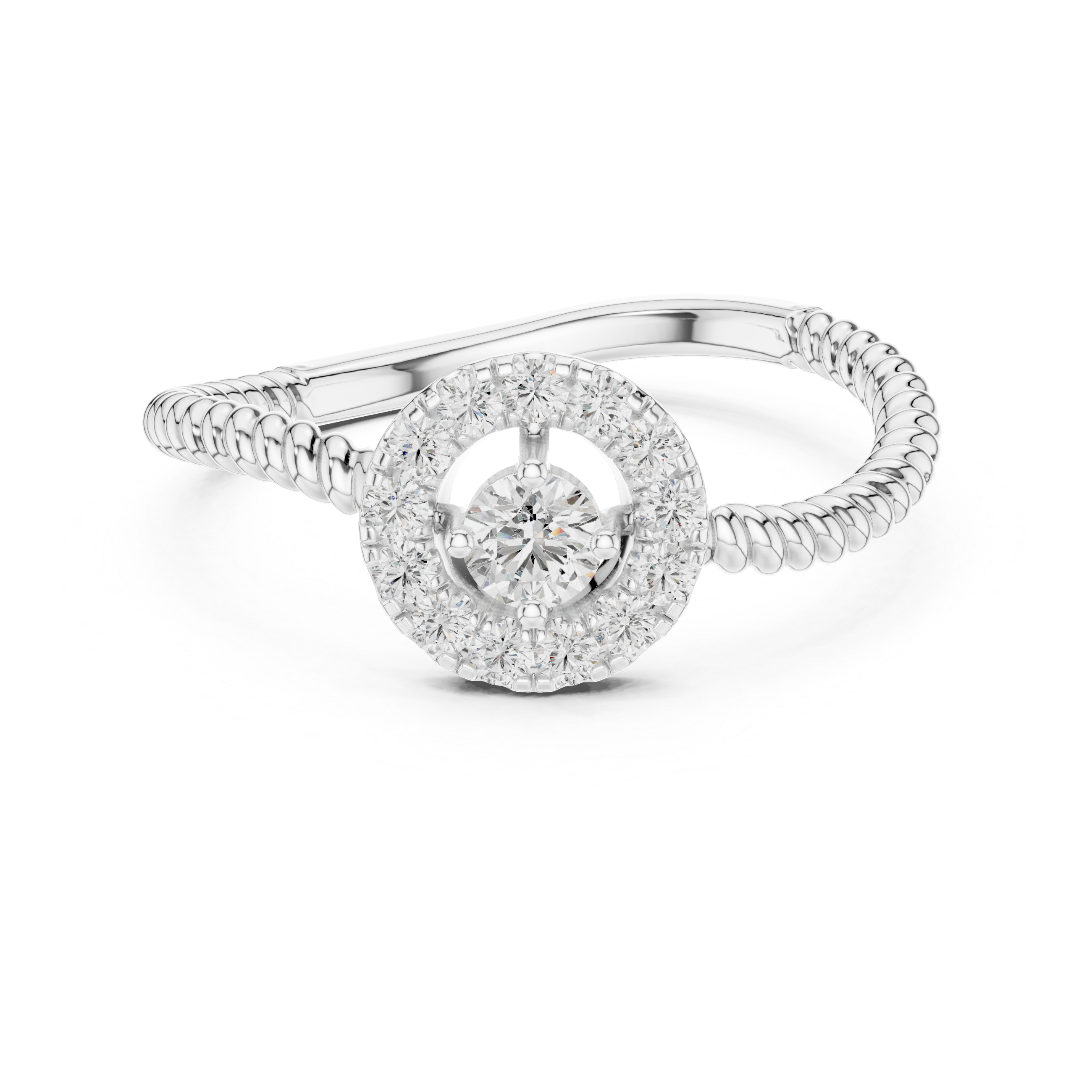 Round Cut Diamond Halo Ring with Twisted Band