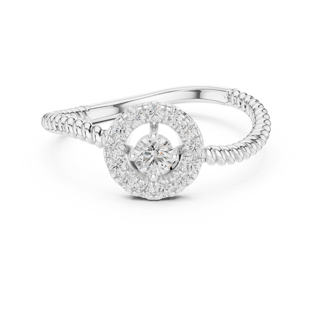 Round Cut Diamond Halo Ring with Twisted Band