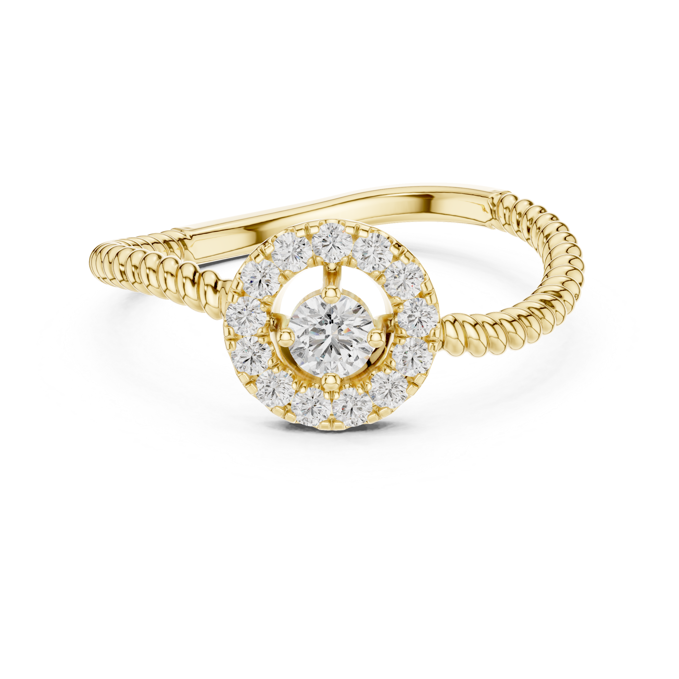 Round Cut Diamond Halo Ring with Twisted Band