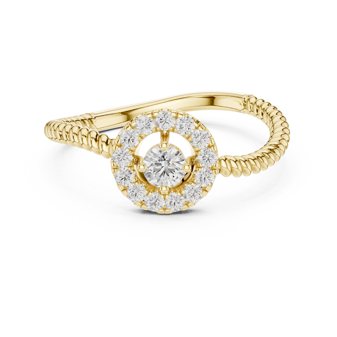 Round Cut Diamond Halo Ring with Twisted Band