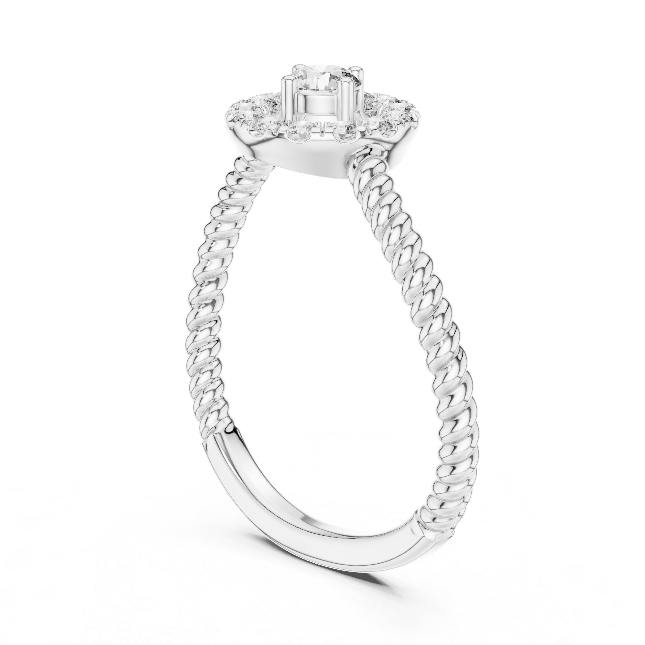 Round Cut Diamond Halo Ring with Twisted Band