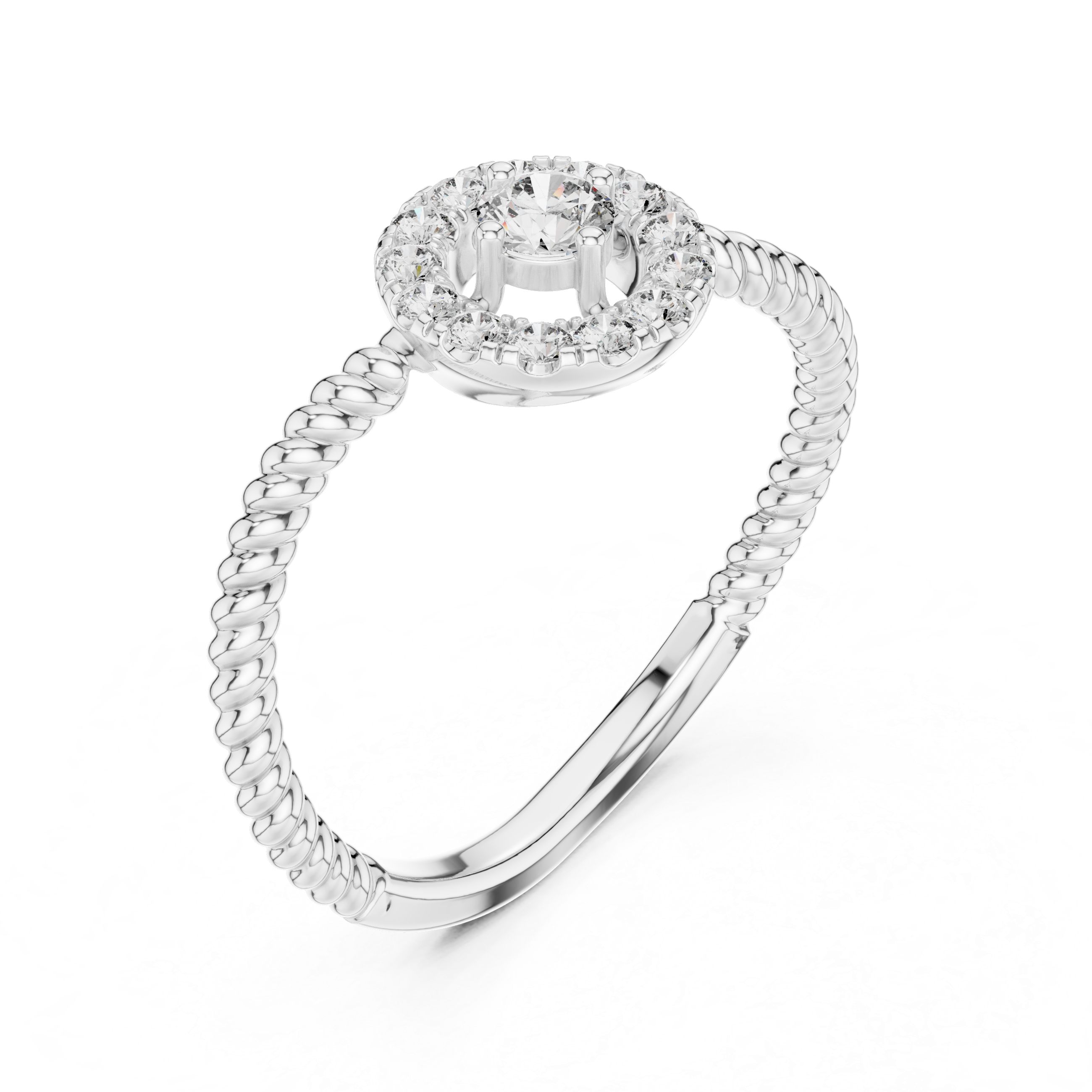 Round Cut Diamond Halo Ring with Twisted Band
