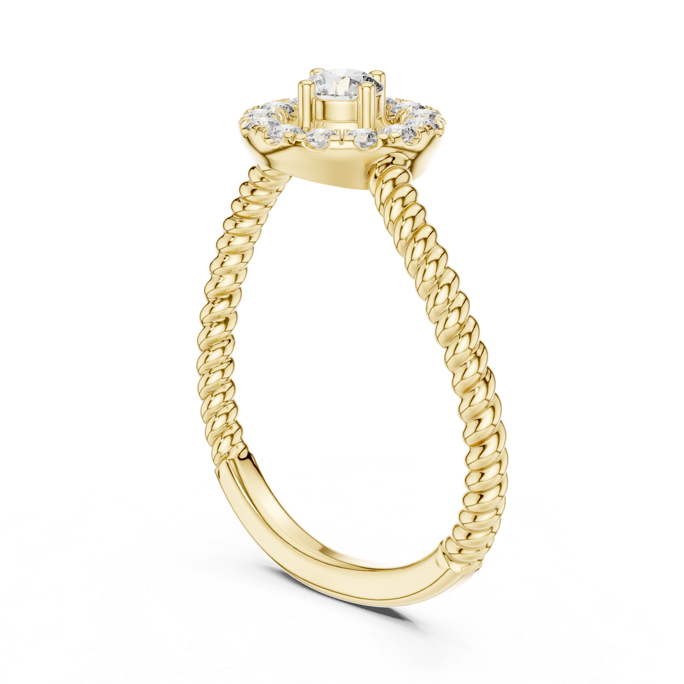 Round Cut Diamond Halo Ring with Twisted Band