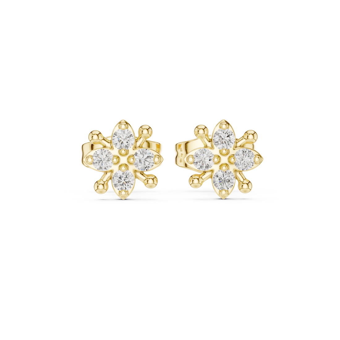 Diamond Round Floral Star Cluster Stud Earrings