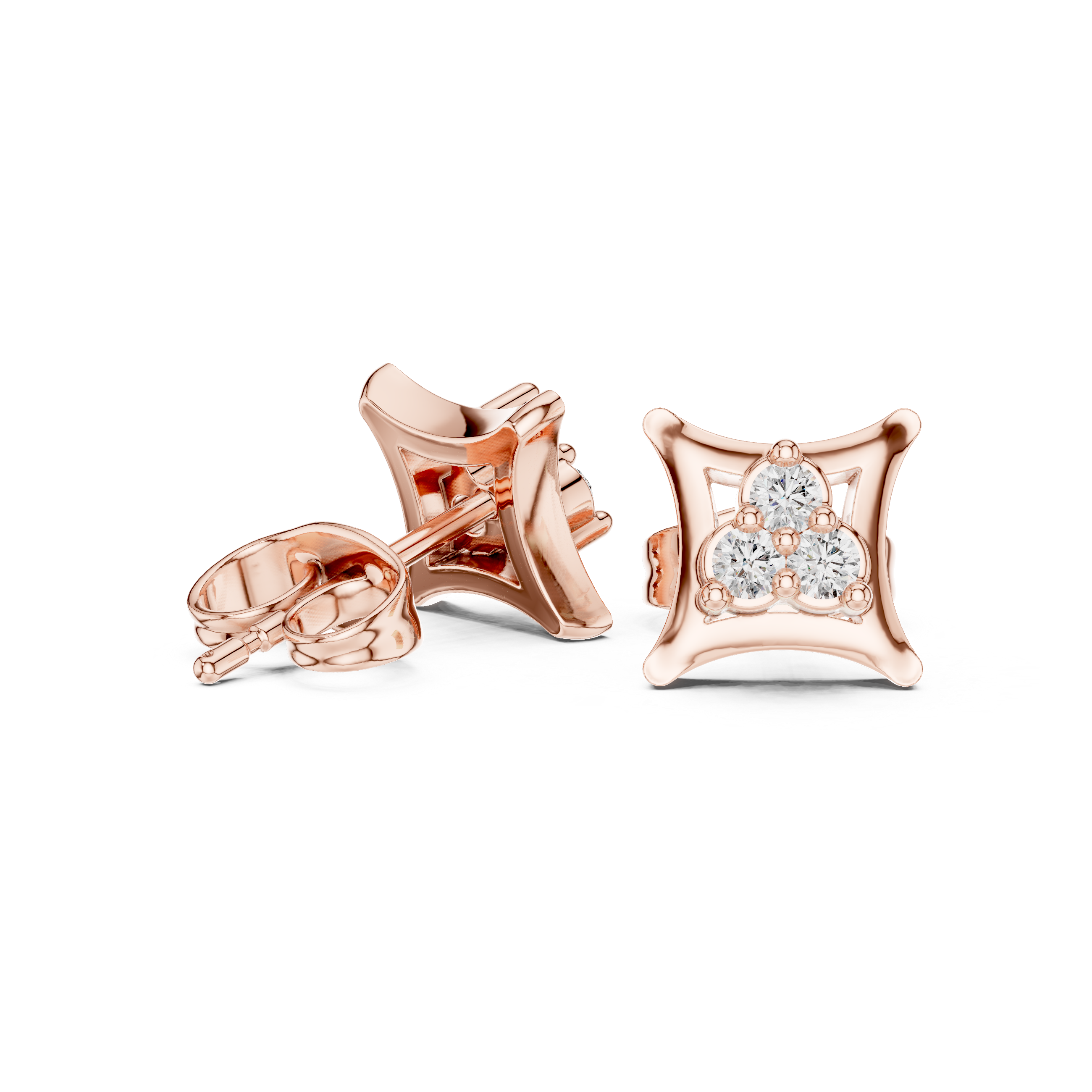 Round Diamond Trio Cluster Geometric Frame Stud Earrings