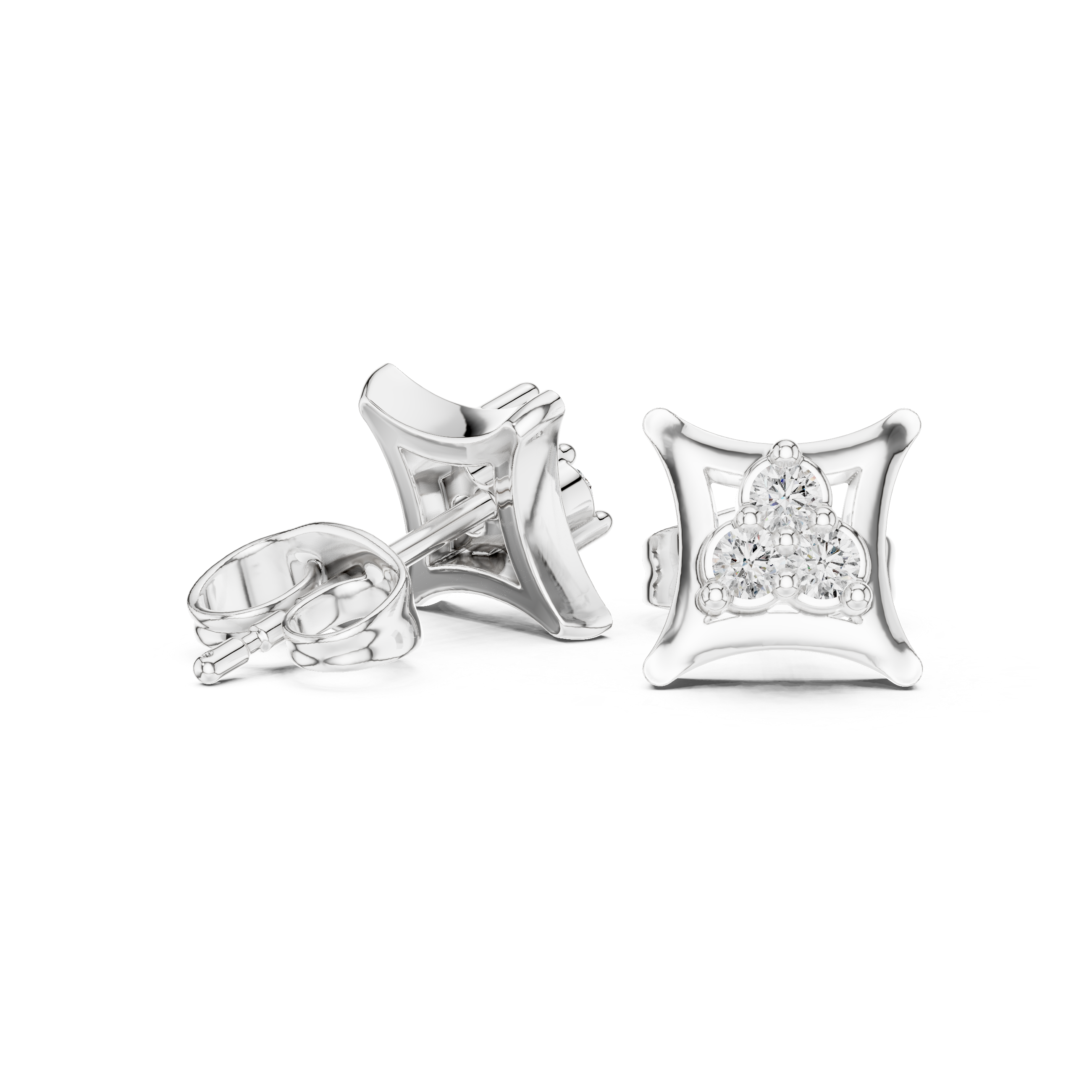 Round Diamond Trio Cluster Geometric Frame Stud Earrings