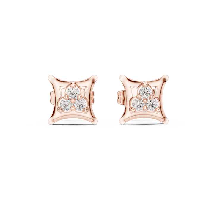 Round Diamond Trio Cluster Geometric Frame Stud Earrings