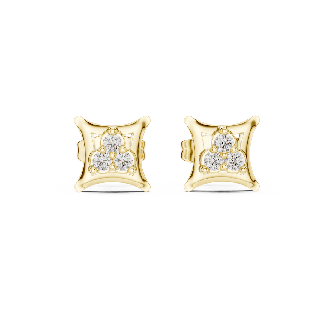 Round Diamond Trio Cluster Geometric Frame Stud Earrings