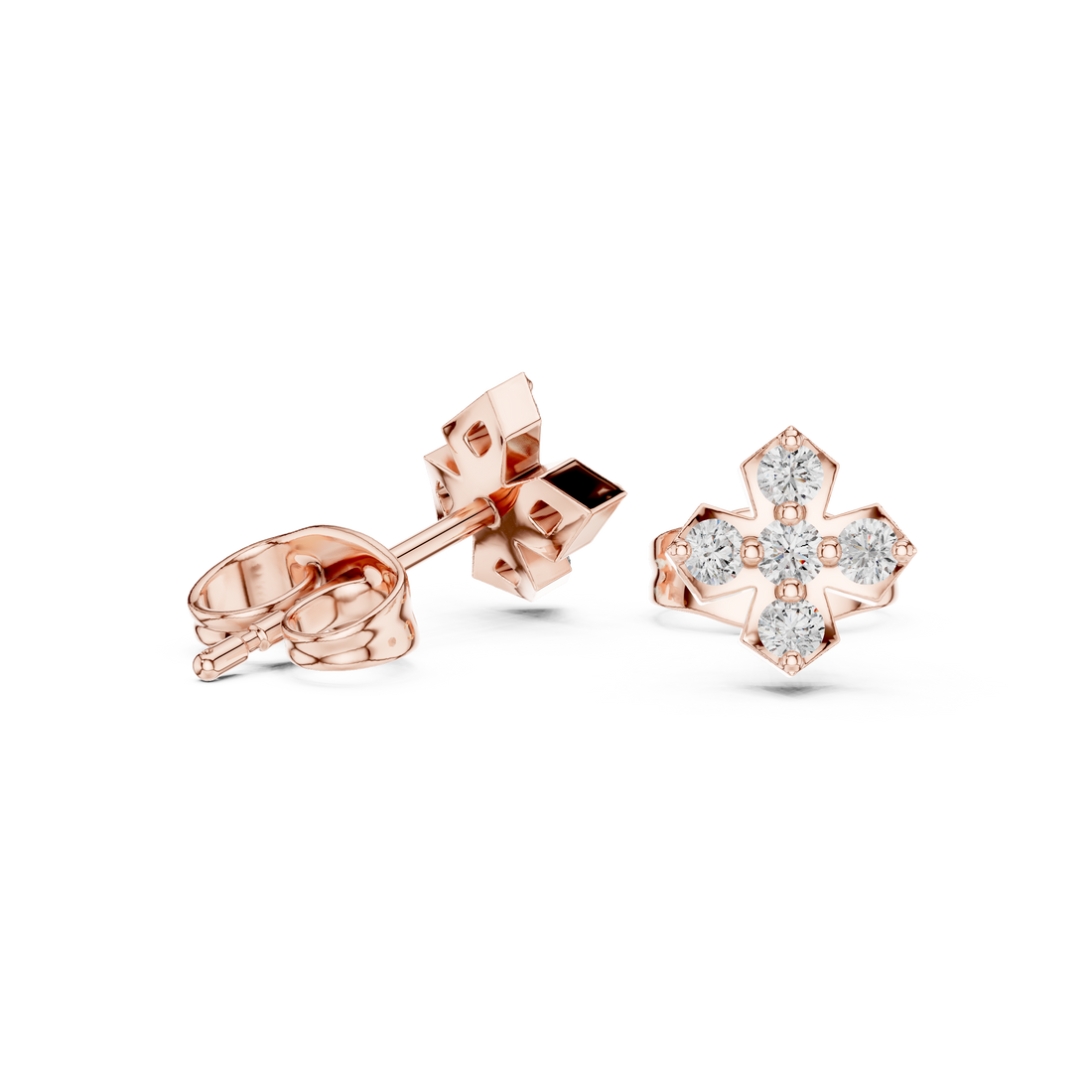 Round Brilliant Diamond Floral Cluster Stud Earrings with Cross Petal Geometry