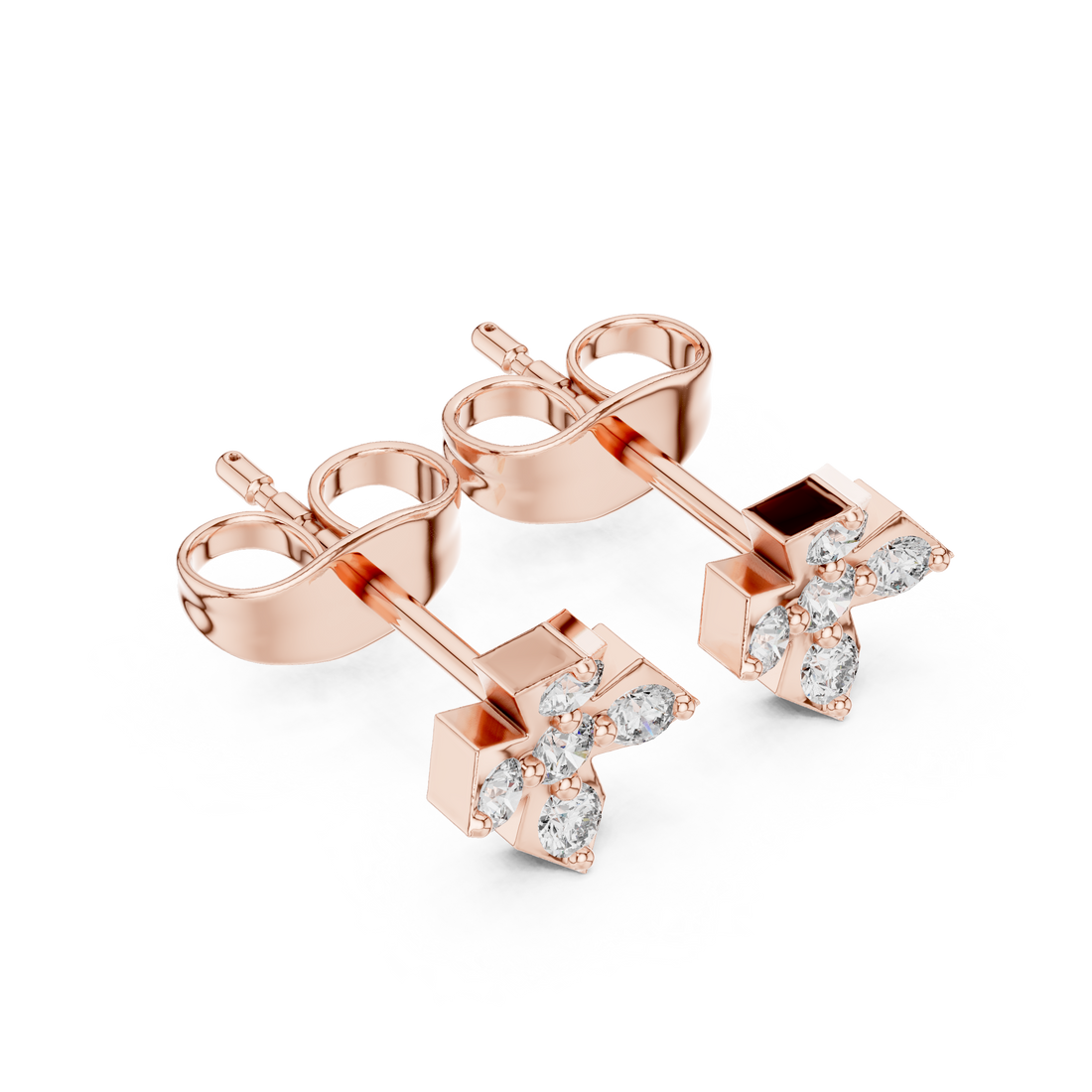 Round Brilliant Diamond Floral Cluster Stud Earrings with Cross Petal Geometry