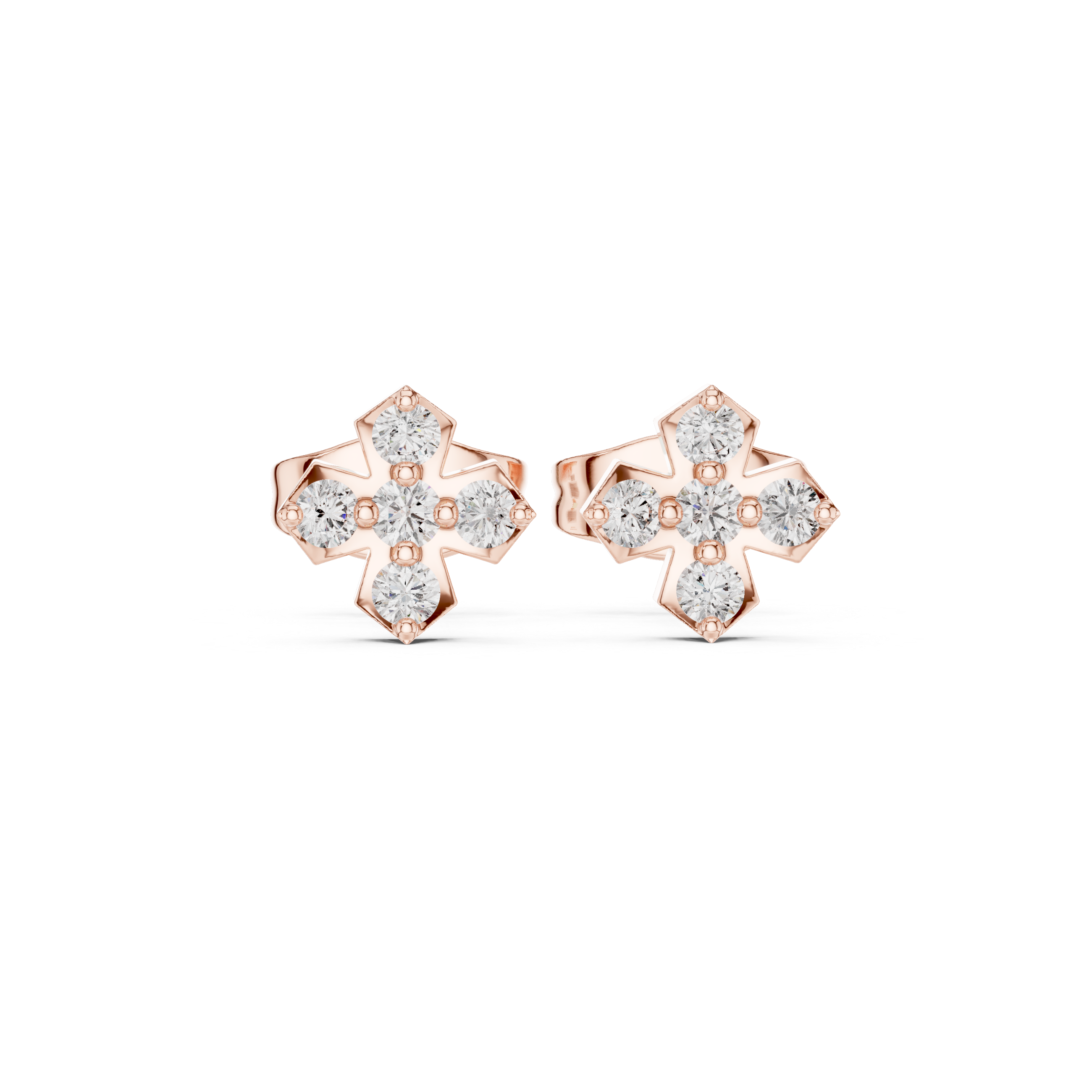 Round Brilliant Diamond Floral Cluster Stud Earrings with Cross Petal Geometry