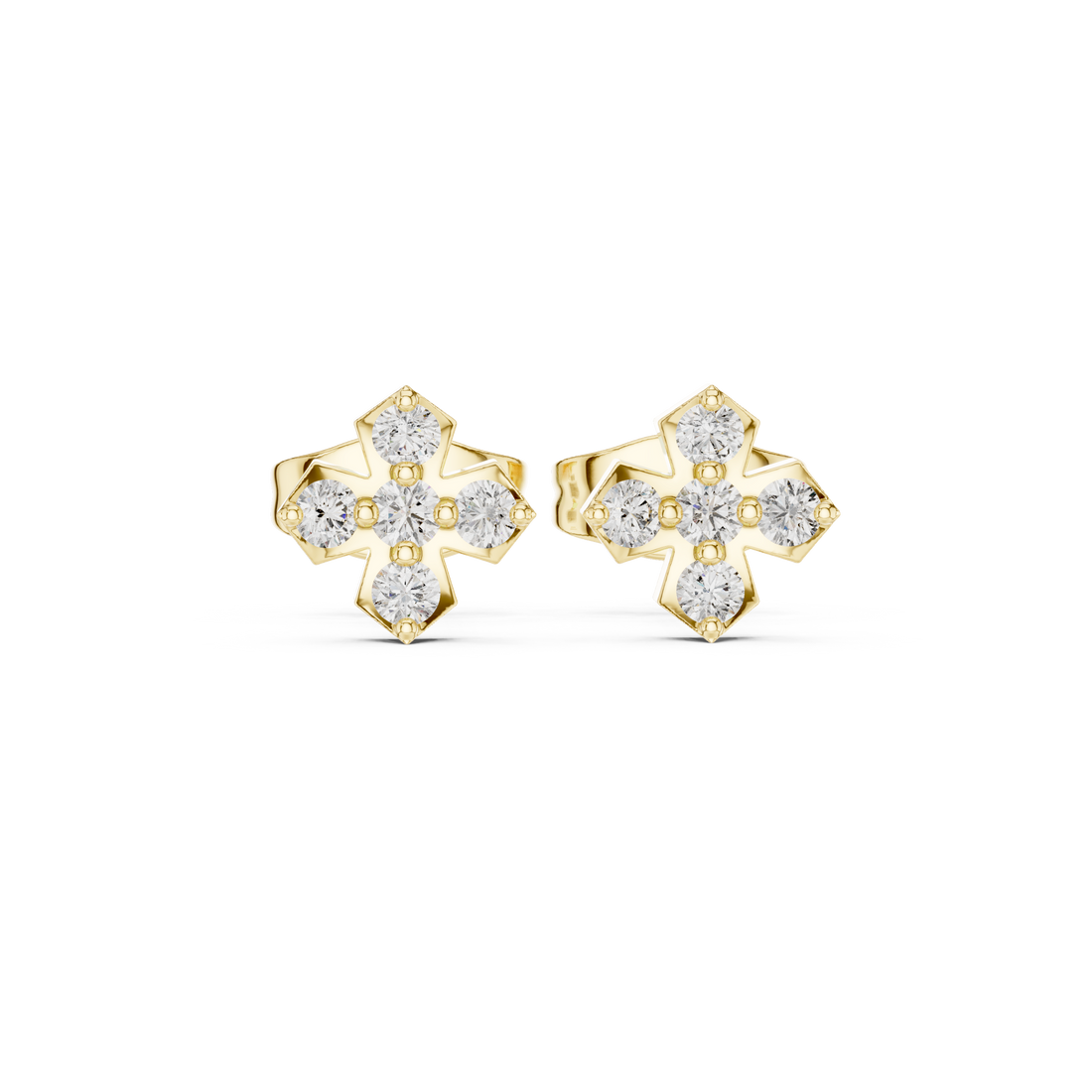 Round Brilliant Diamond Floral Cluster Stud Earrings with Cross Petal Geometry