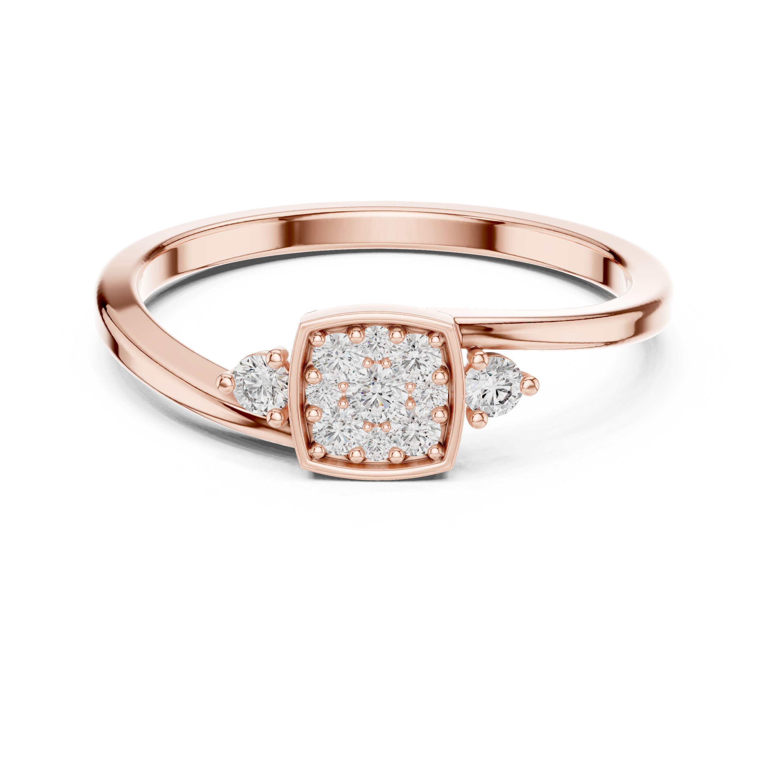 Round Cut Square Cluster Three Stone Diamond Ring