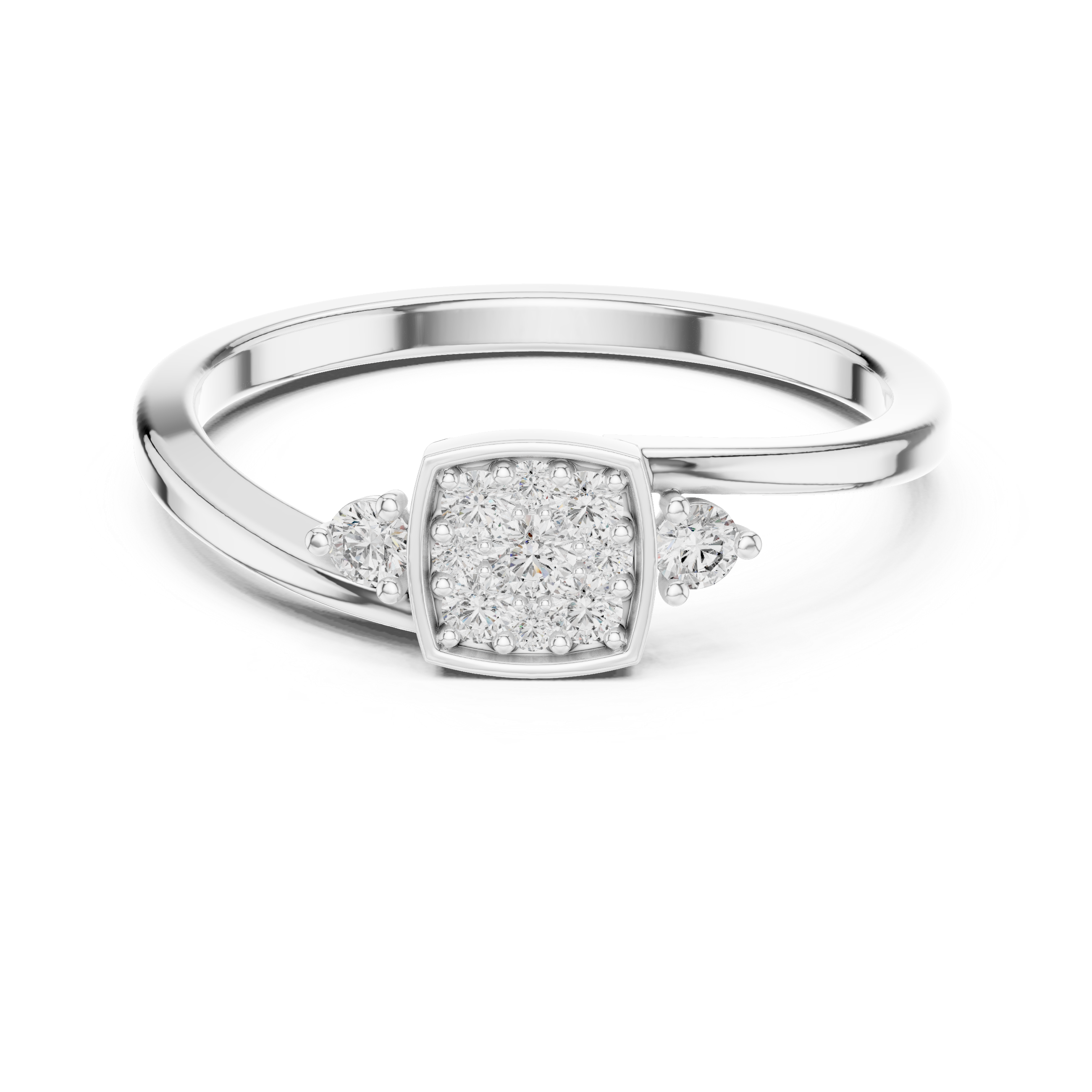 Round Cut Square Cluster Three Stone Diamond Ring