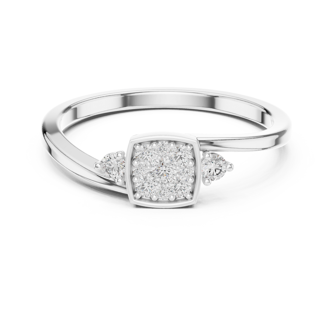 Round Cut Square Cluster Three Stone Diamond Ring