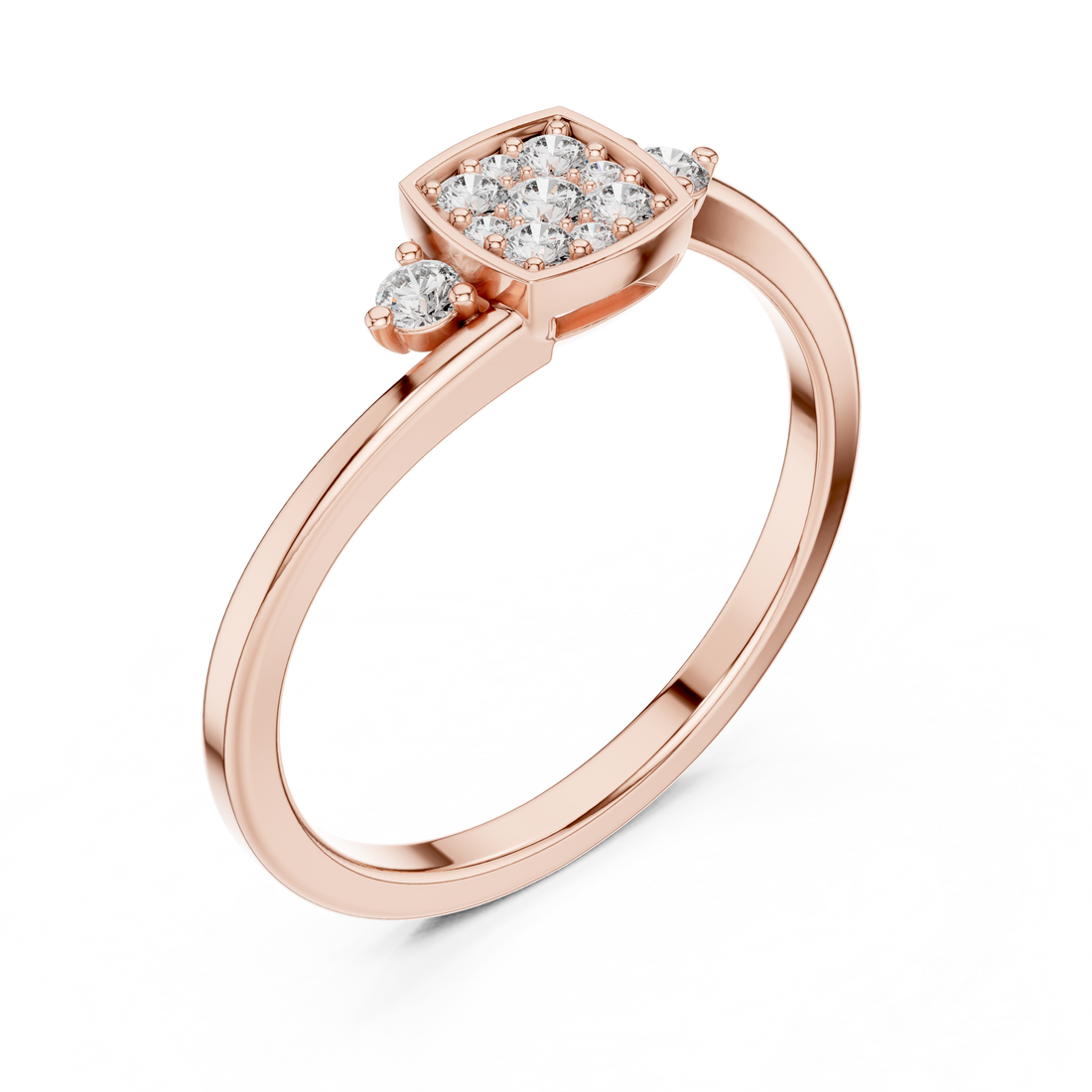 Round Cut Square Cluster Three Stone Diamond Ring