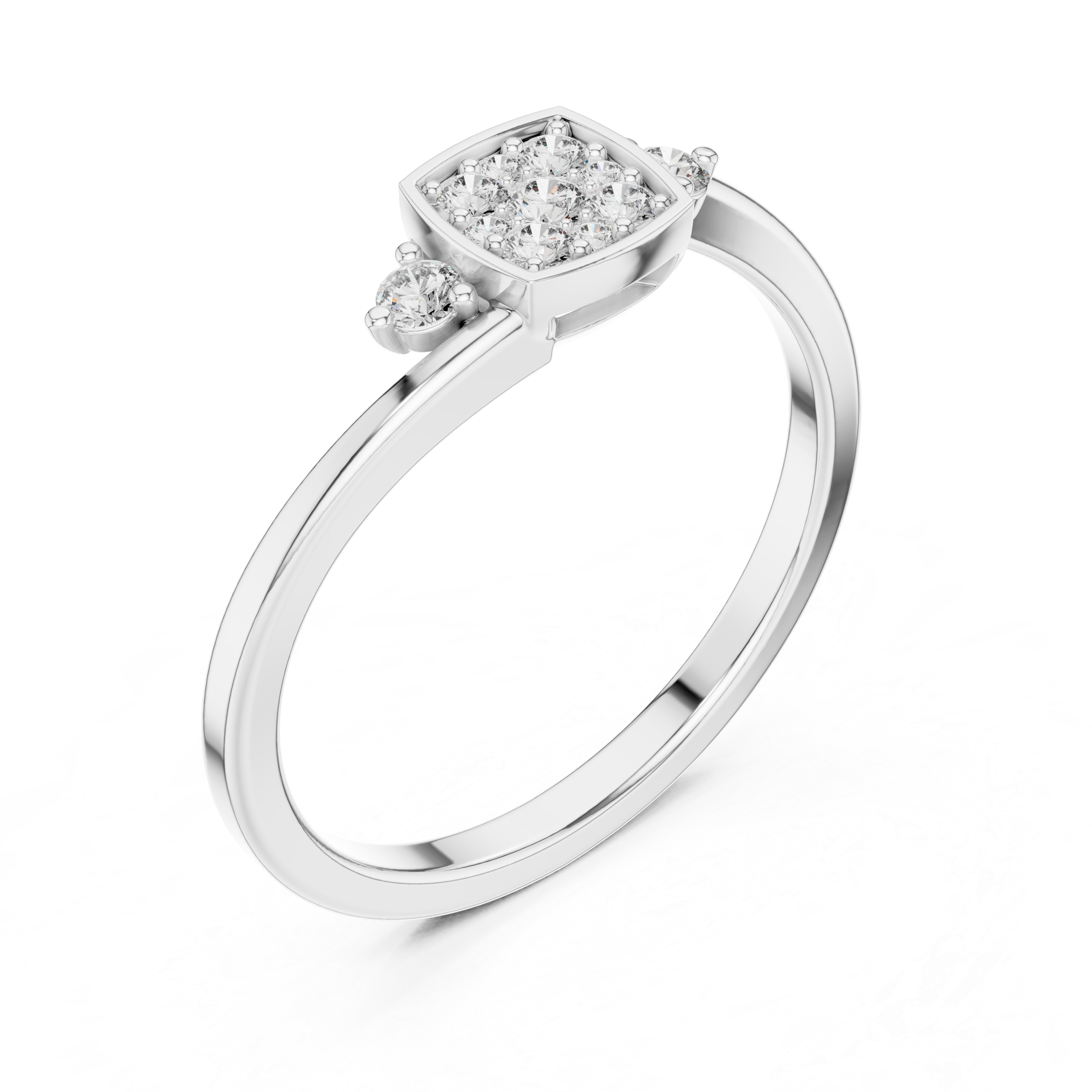 Round Cut Square Cluster Three Stone Diamond Ring