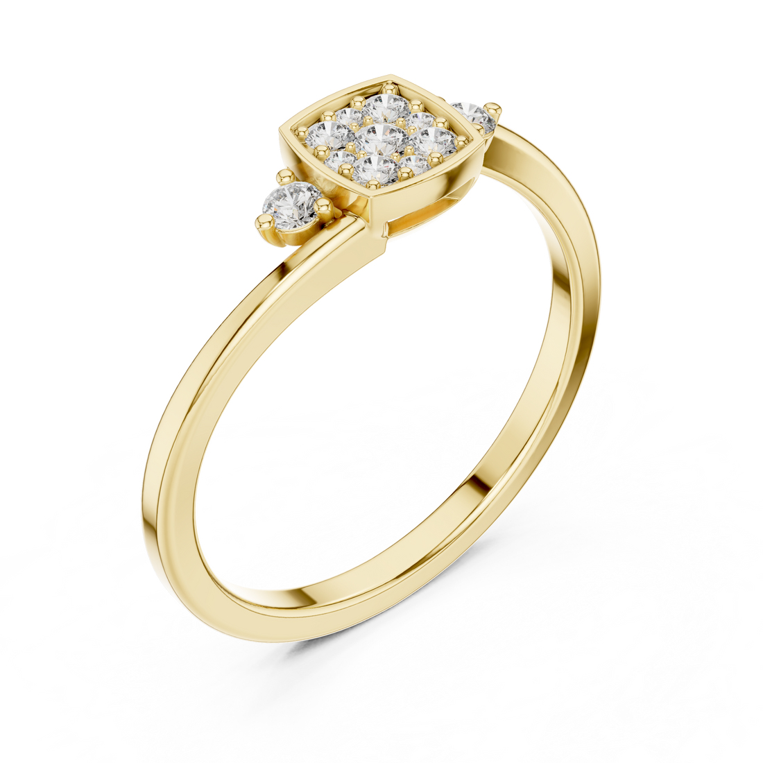 Round Cut Square Cluster Three Stone Diamond Ring