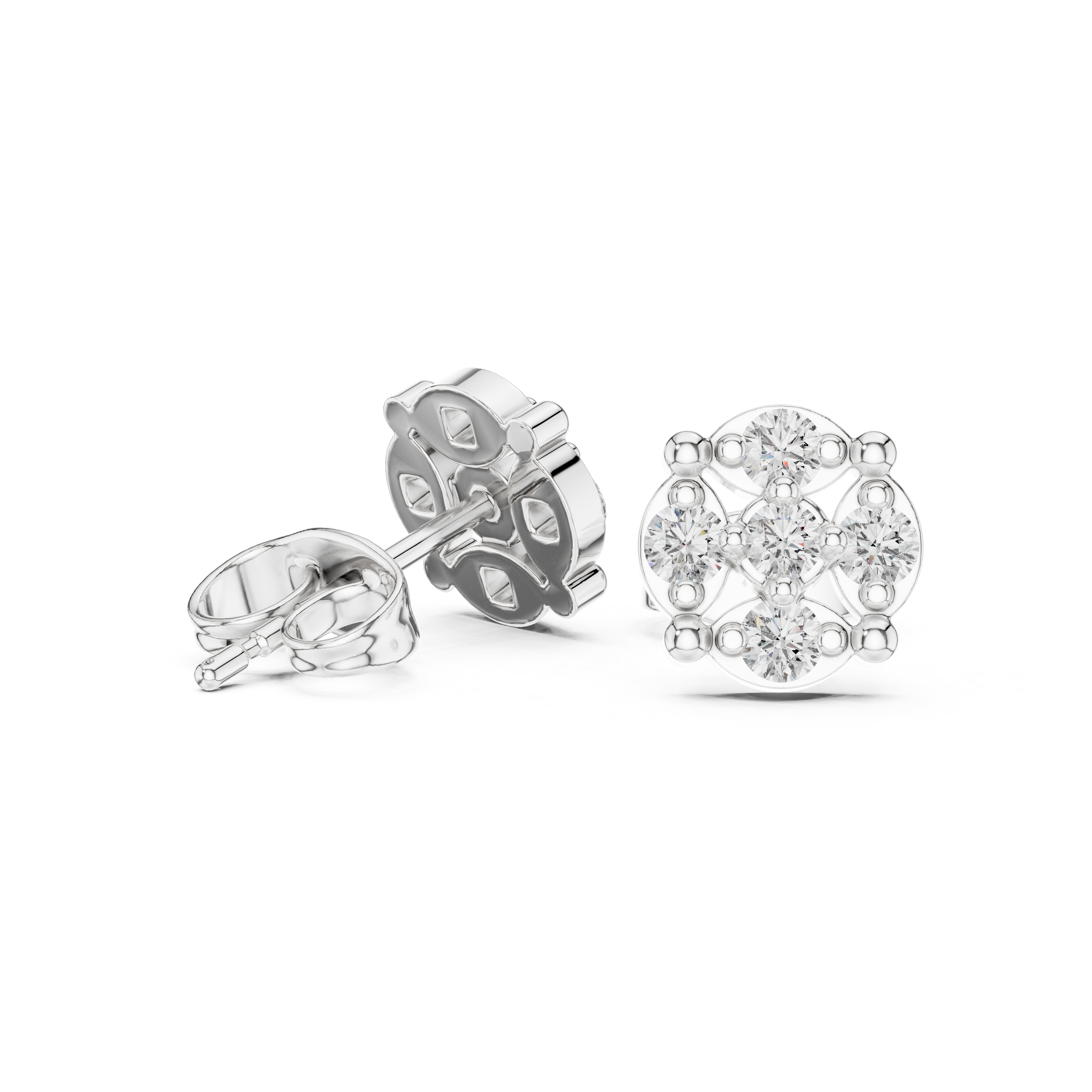 Diamond Round Cluster Halo Floral Stud Earrings