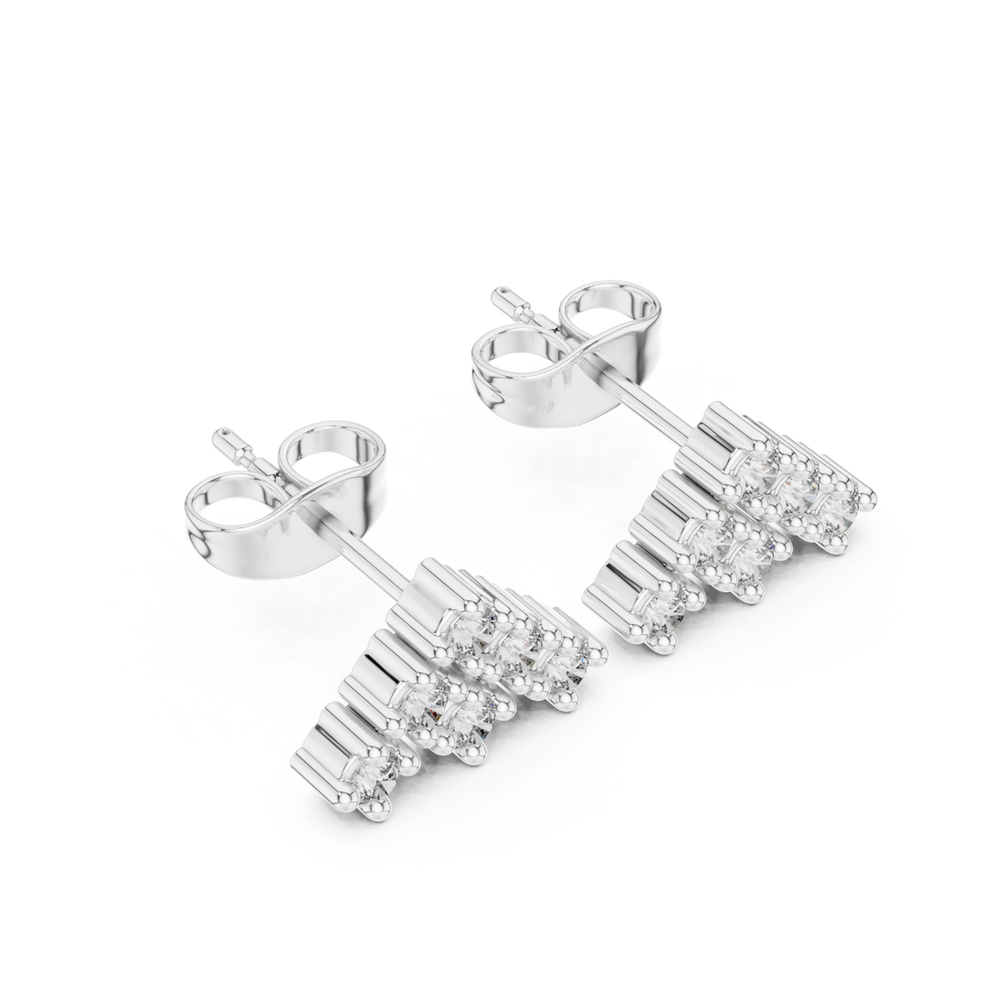 Round Cut Diamond Tiered Cluster Stud Earrings with Structured Prong Mosaic Design