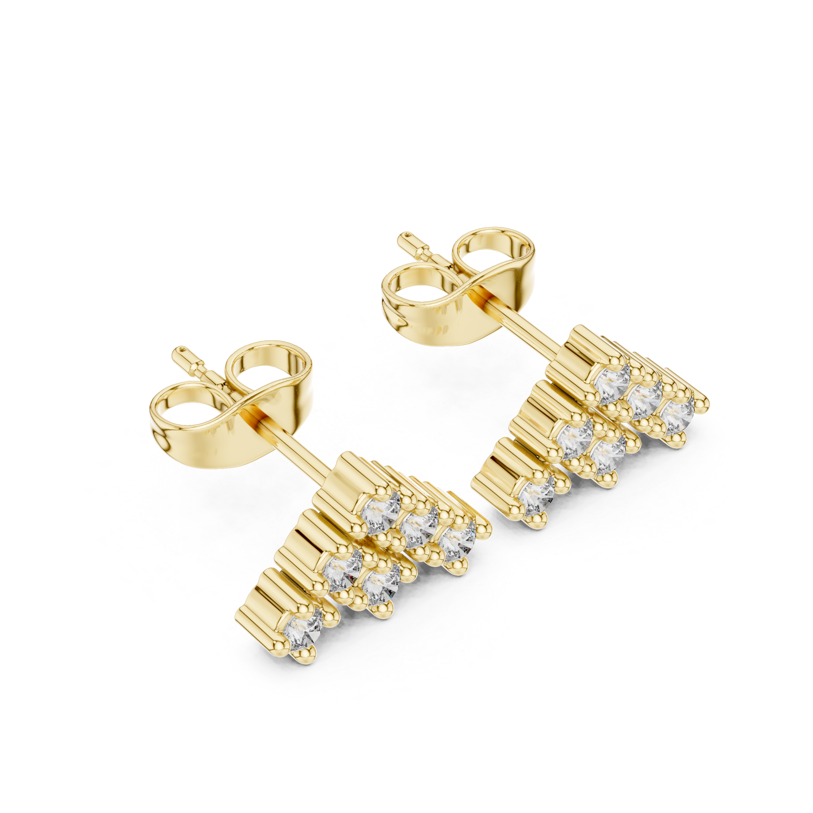 Round Cut Diamond Tiered Cluster Stud Earrings with Structured Prong Mosaic Design