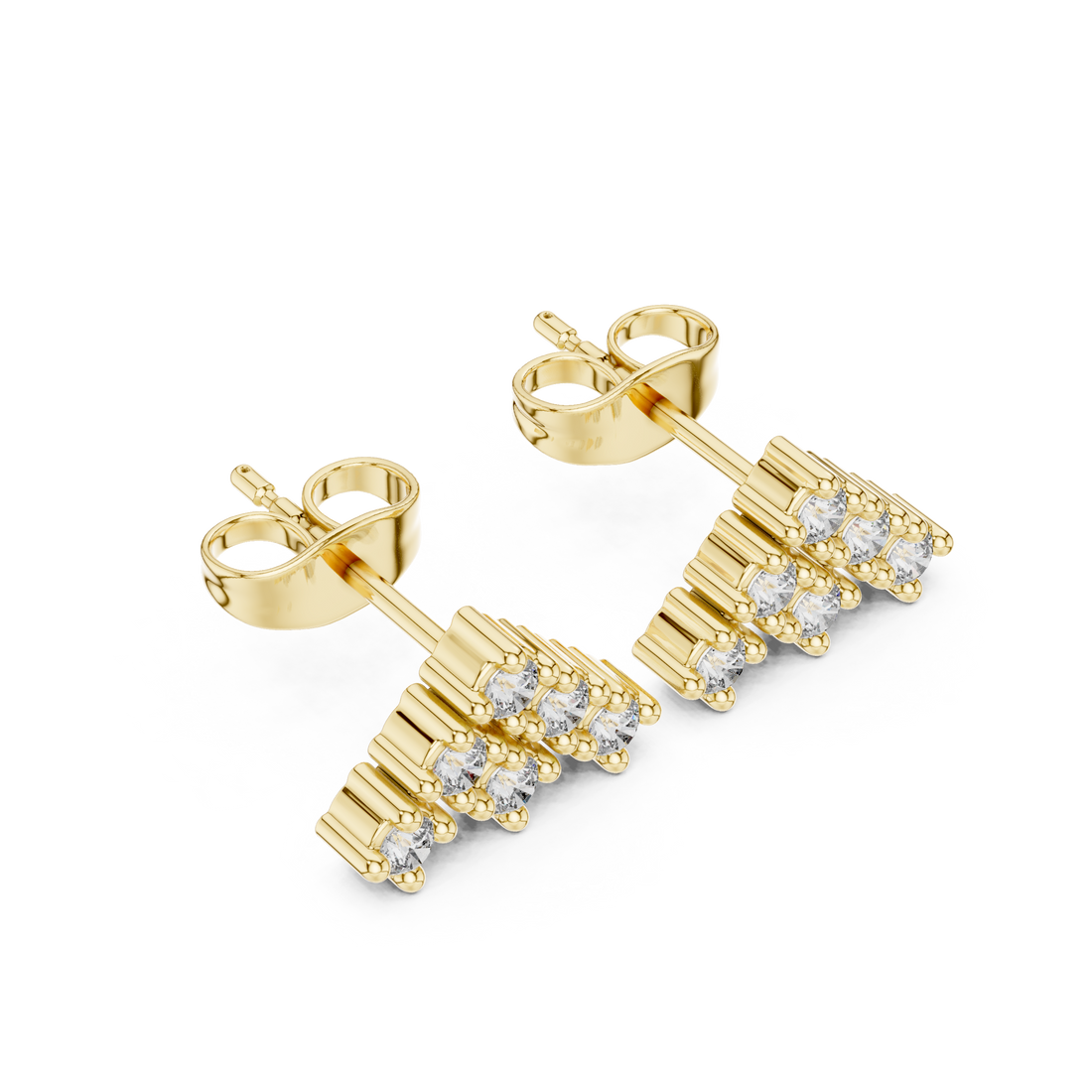 Round Cut Diamond Tiered Cluster Stud Earrings with Structured Prong Mosaic Design