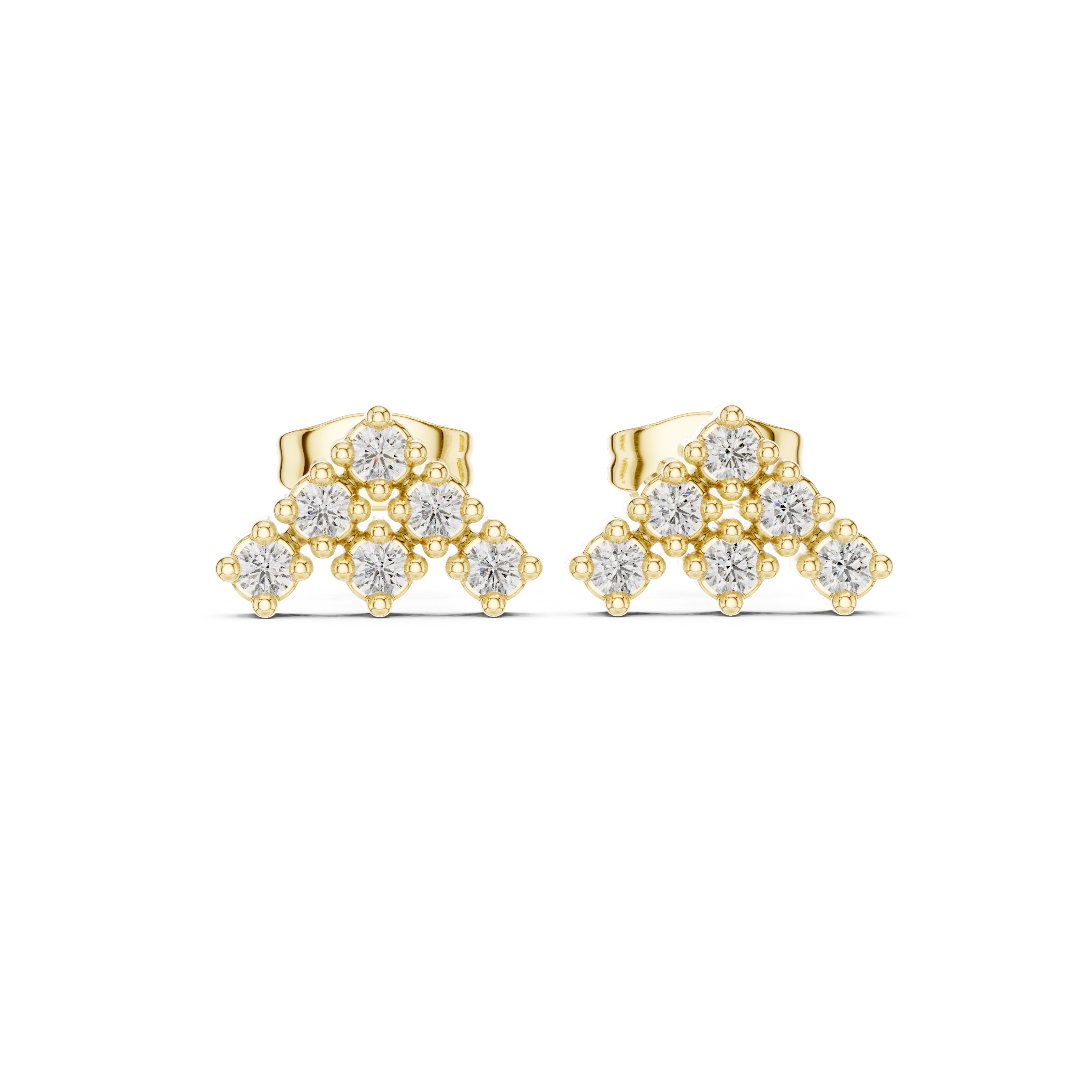 Round Cut Diamond Tiered Cluster Stud Earrings with Structured Prong Mosaic Design