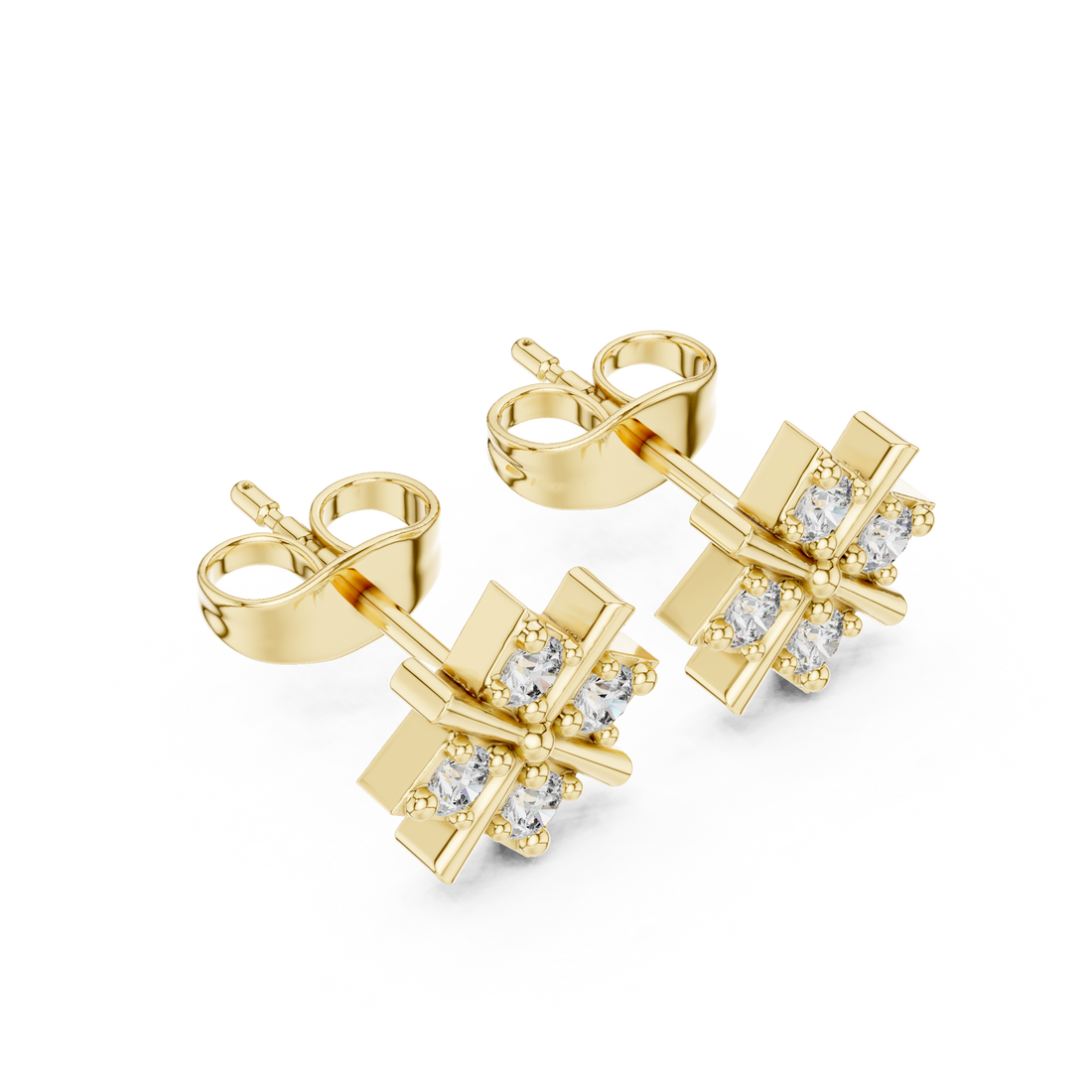 Round Cut Diamond Cross Cluster Stud Earrings Geometric Star Prong Design