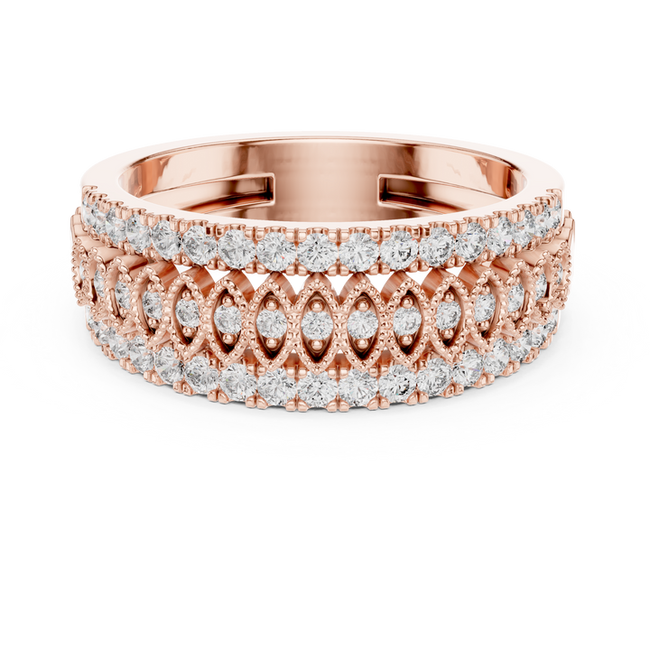 Round Cut Diamond Vintage Lattice Wide Band Ring