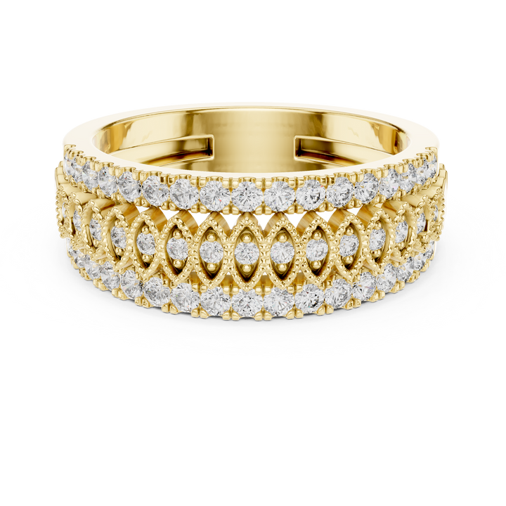 Round Cut Diamond Vintage Lattice Wide Band Ring