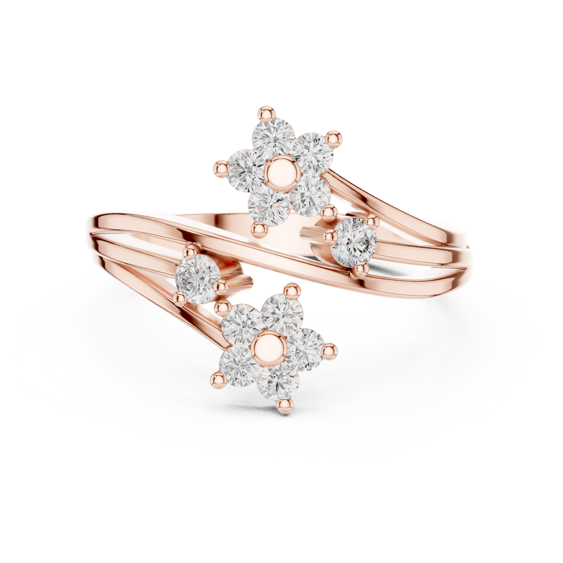 Round Cut Diamond Floral Bypass Open Ring