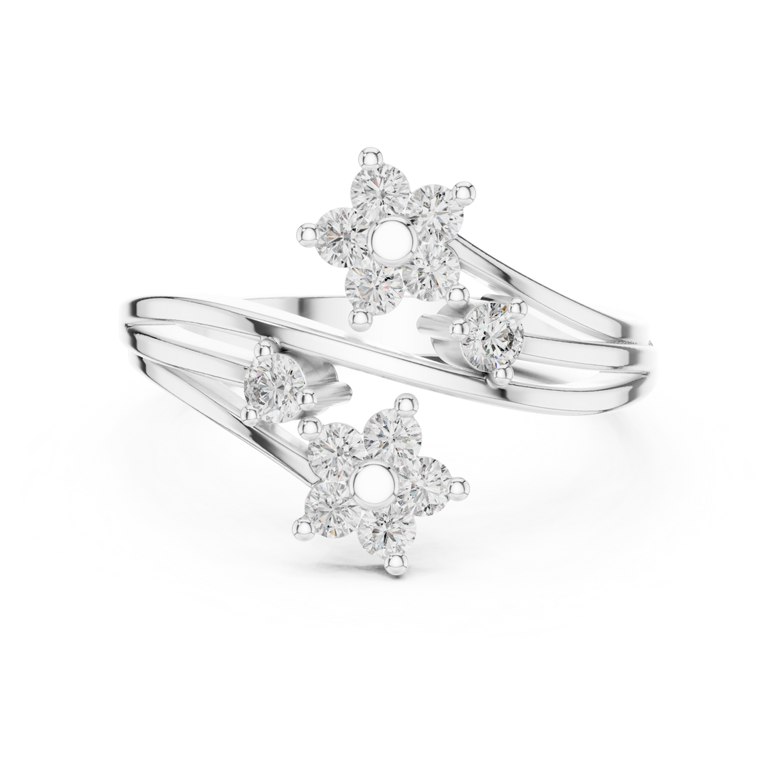 Round Cut Diamond Floral Bypass Open Ring