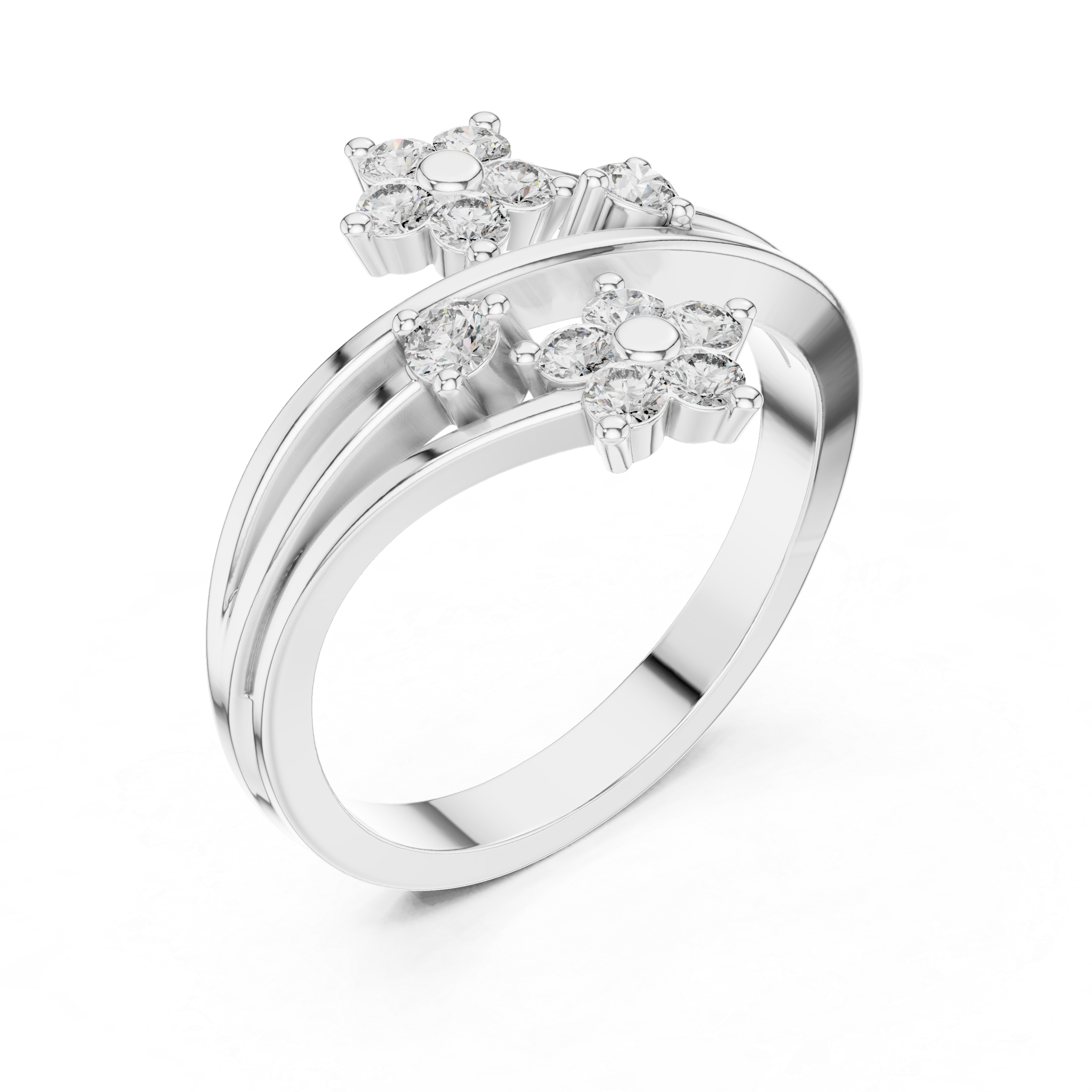 Round Cut Diamond Floral Bypass Open Ring