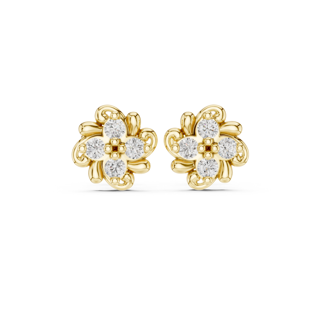 Round Diamond Floral Cluster Stud Earrings with Classic Bloom Silhouette