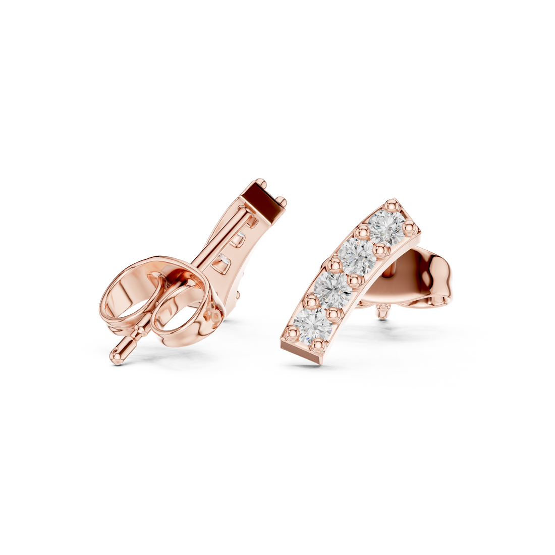 Round Diamond Curved Bar Prong Set Stud Earrings