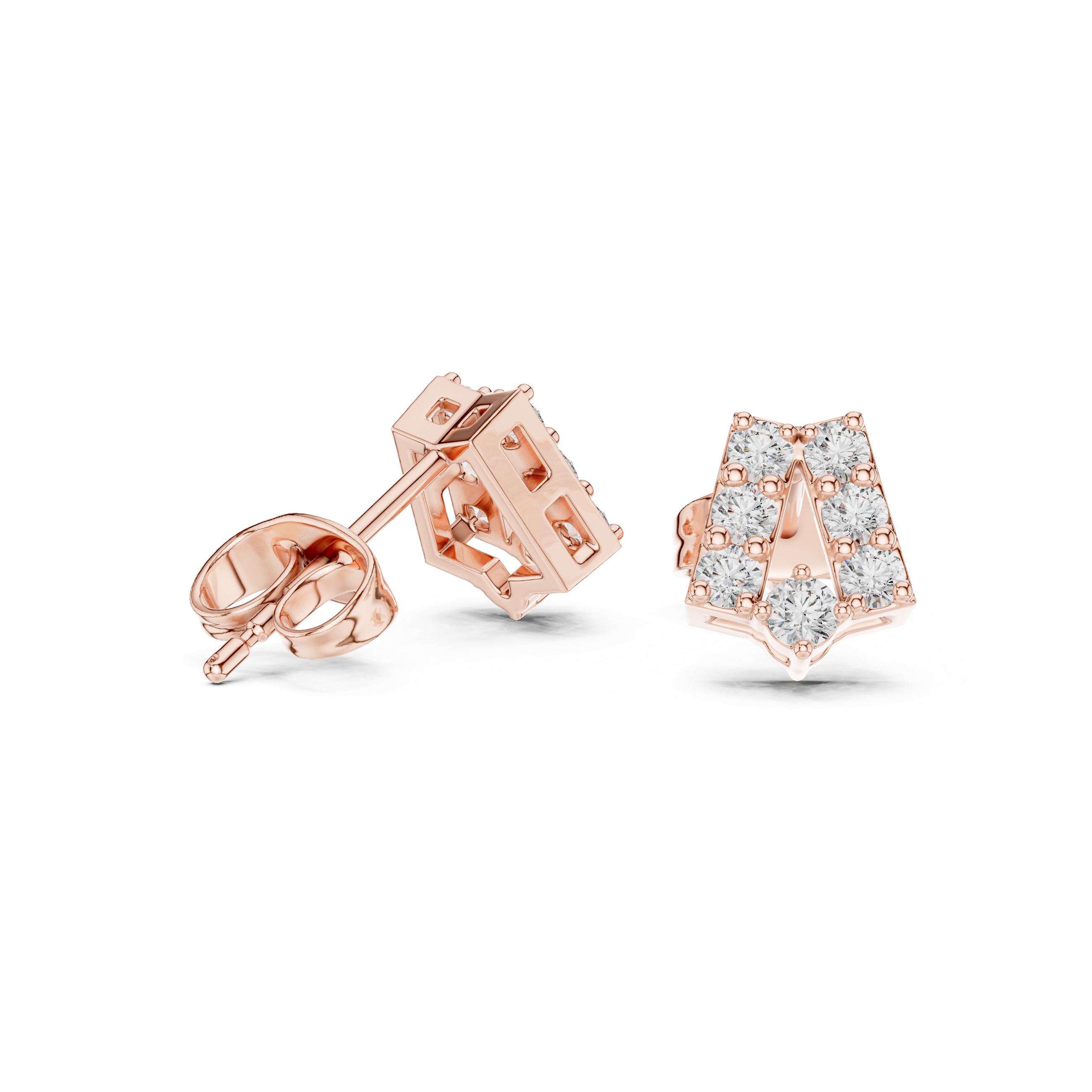 Round Brilliant Diamond Curved Bar Stud Earrings with Geometric Pavé Arc Design