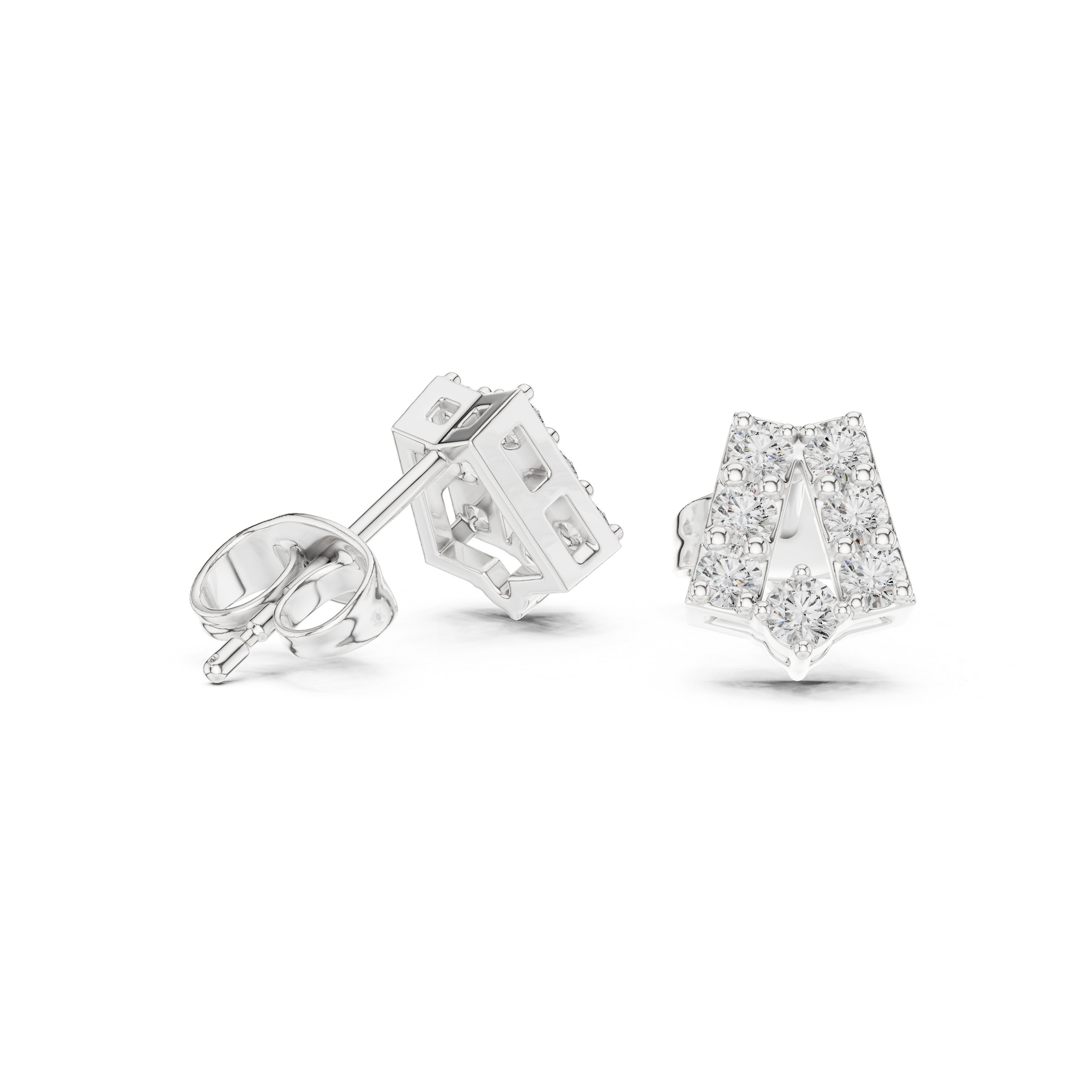 Round Brilliant Diamond Curved Bar Stud Earrings with Geometric Pavé Arc Design