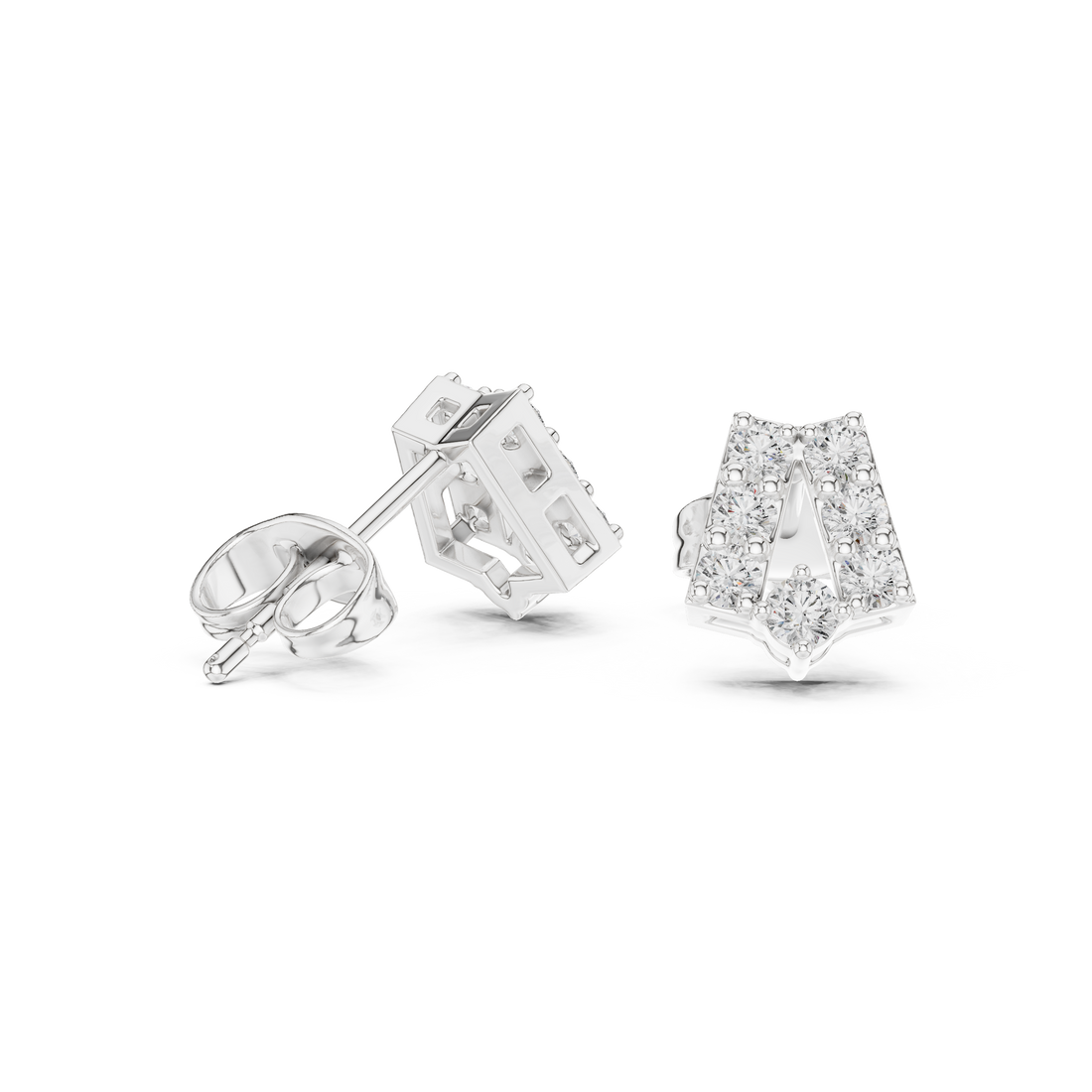 Round Brilliant Diamond Curved Bar Stud Earrings with Geometric Pavé Arc Design