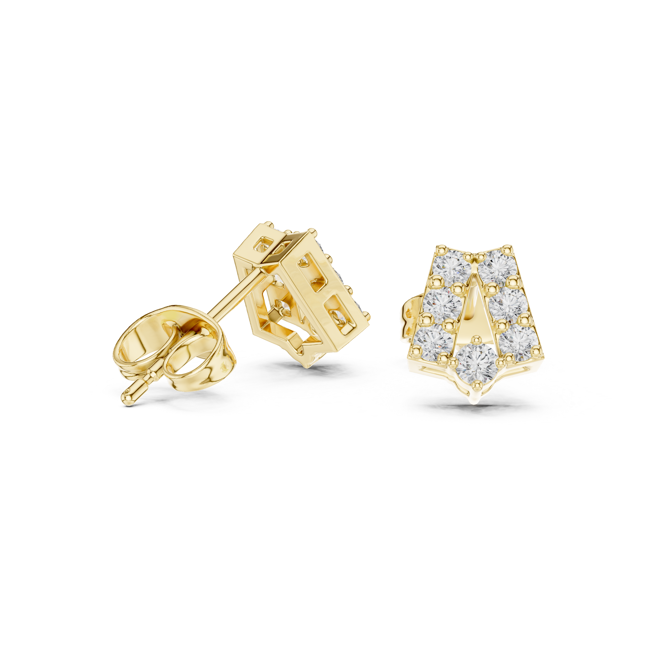 Round Brilliant Diamond Curved Bar Stud Earrings with Geometric Pavé Arc Design