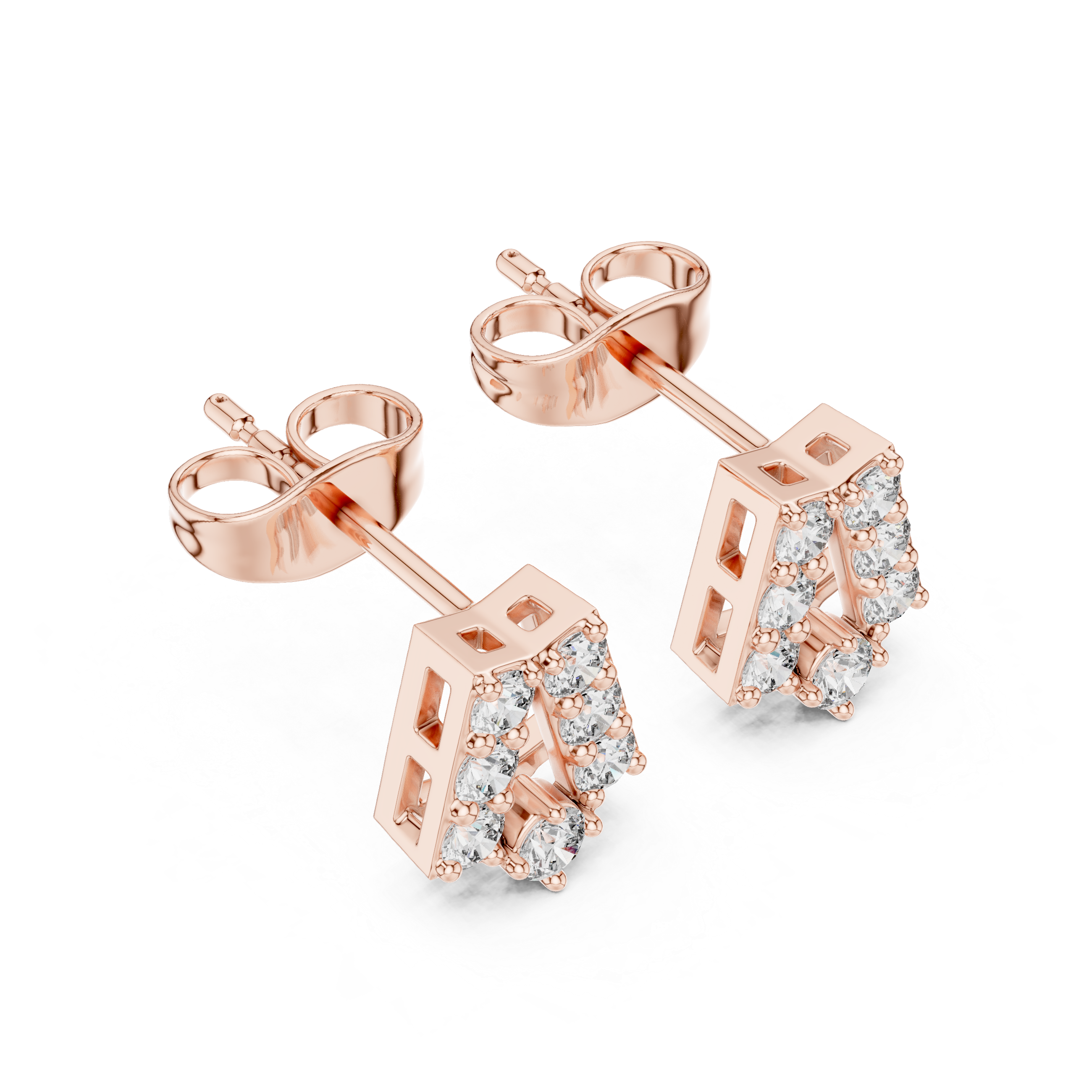 Round Brilliant Diamond Curved Bar Stud Earrings with Geometric Pavé Arc Design