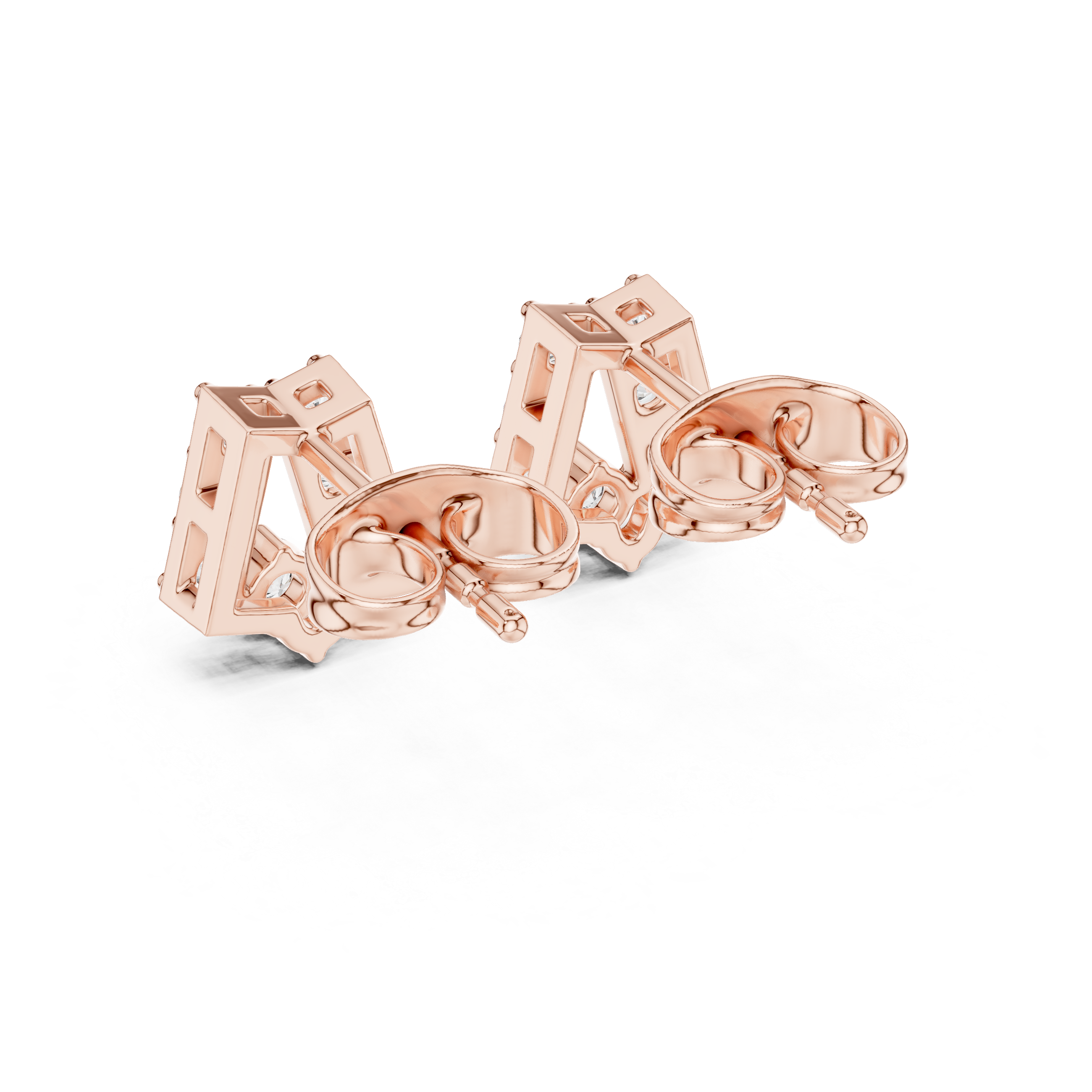 Round Brilliant Diamond Curved Bar Stud Earrings with Geometric Pavé Arc Design