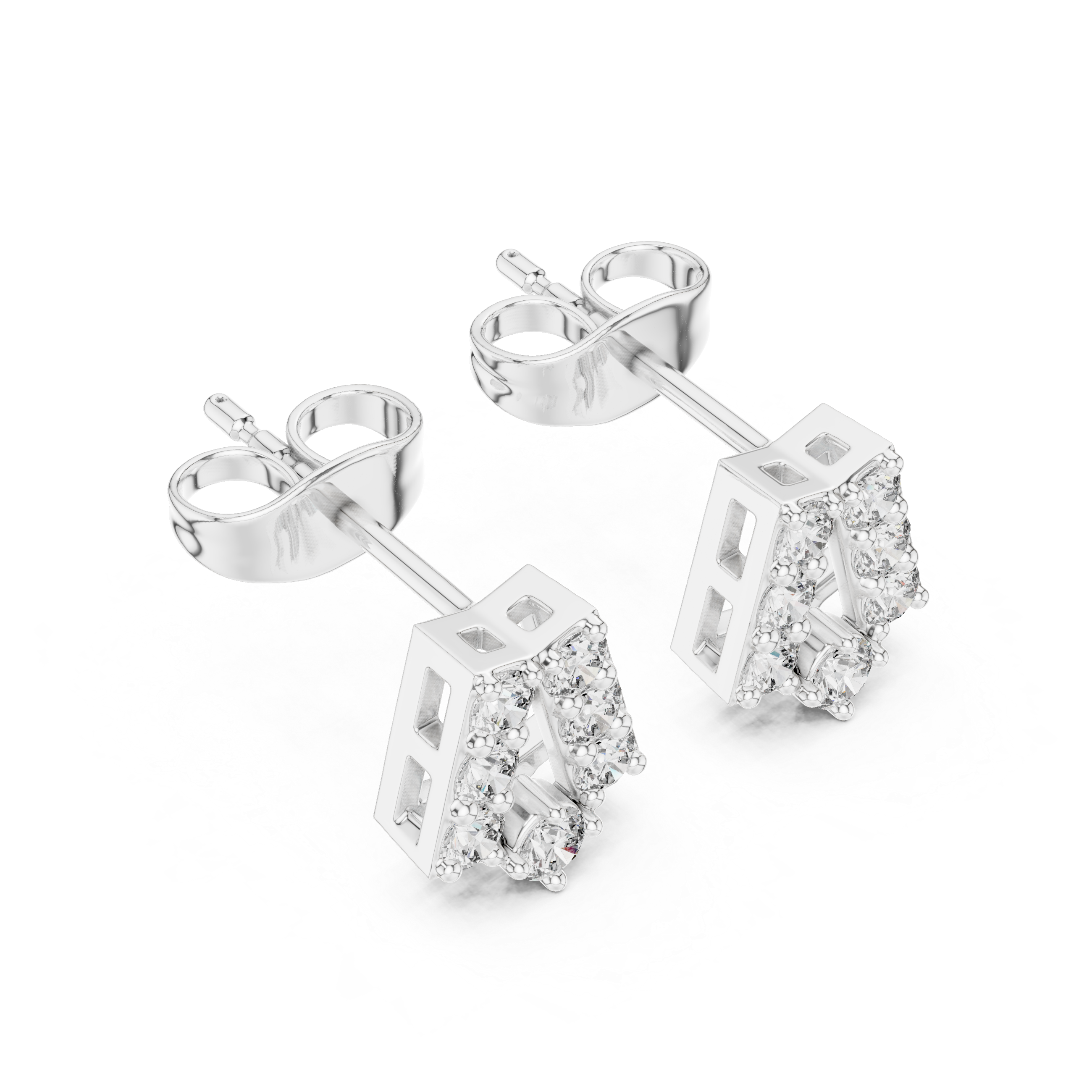 Round Brilliant Diamond Curved Bar Stud Earrings with Geometric Pavé Arc Design