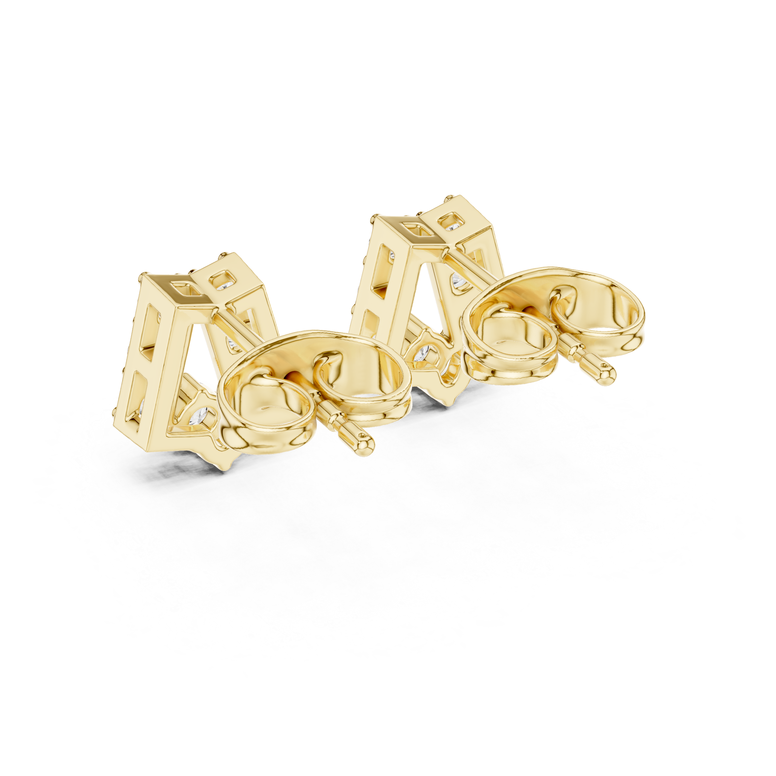 Round Brilliant Diamond Curved Bar Stud Earrings with Geometric Pavé Arc Design