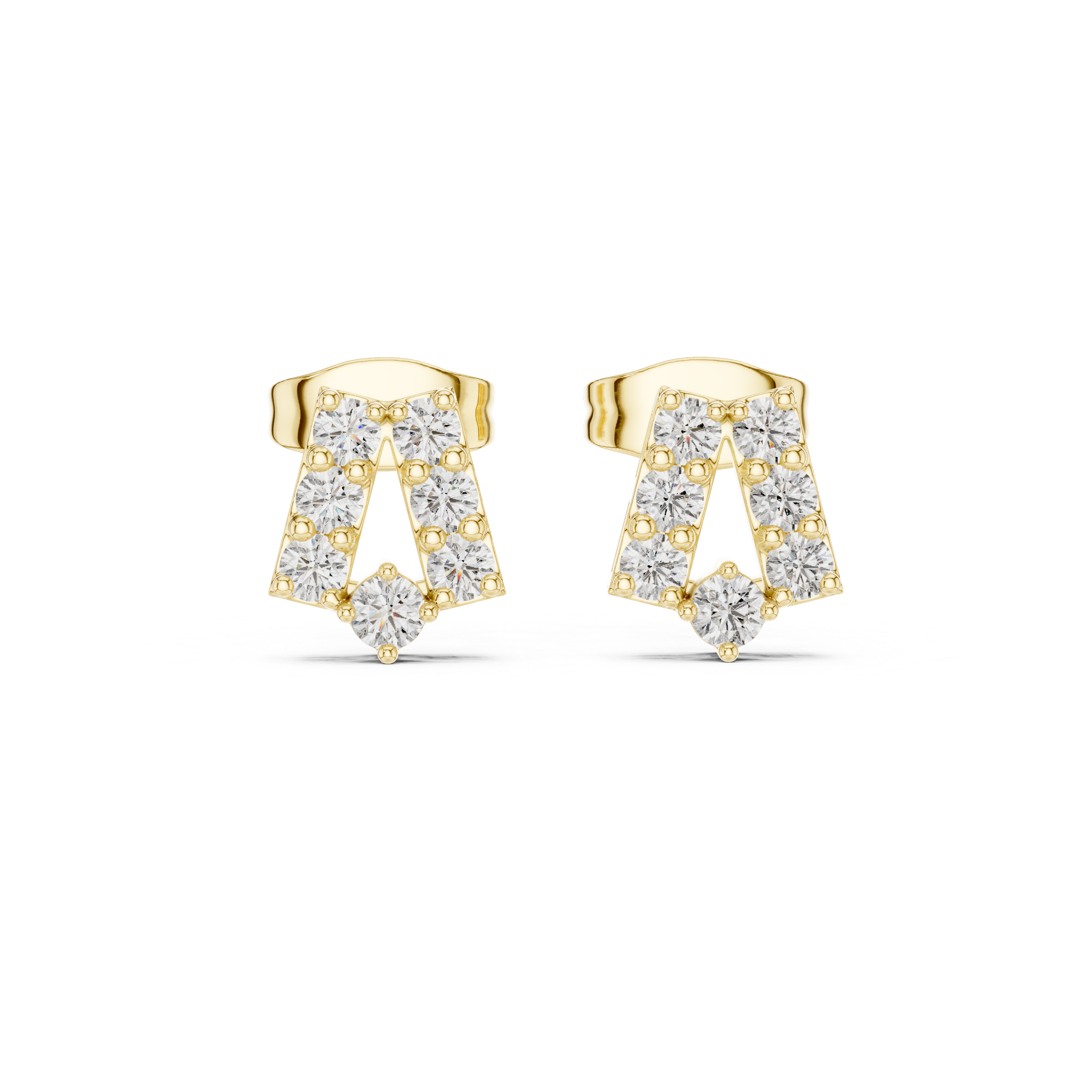 Round Brilliant Diamond Curved Bar Stud Earrings with Geometric Pavé Arc Design