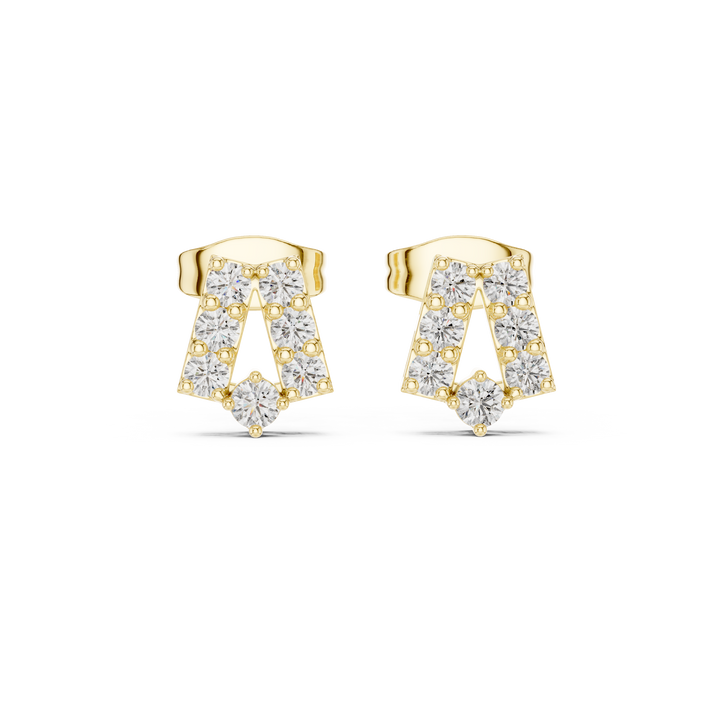 Round Brilliant Diamond Curved Bar Stud Earrings with Geometric Pavé Arc Design