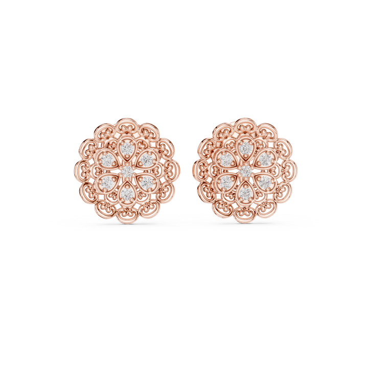 Vintage Round Diamond Floral Lace Stud Earrings with Ornate Cluster Design