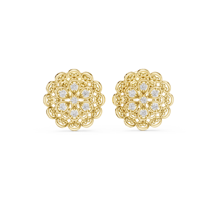 Vintage Round Diamond Floral Lace Stud Earrings with Ornate Cluster Design