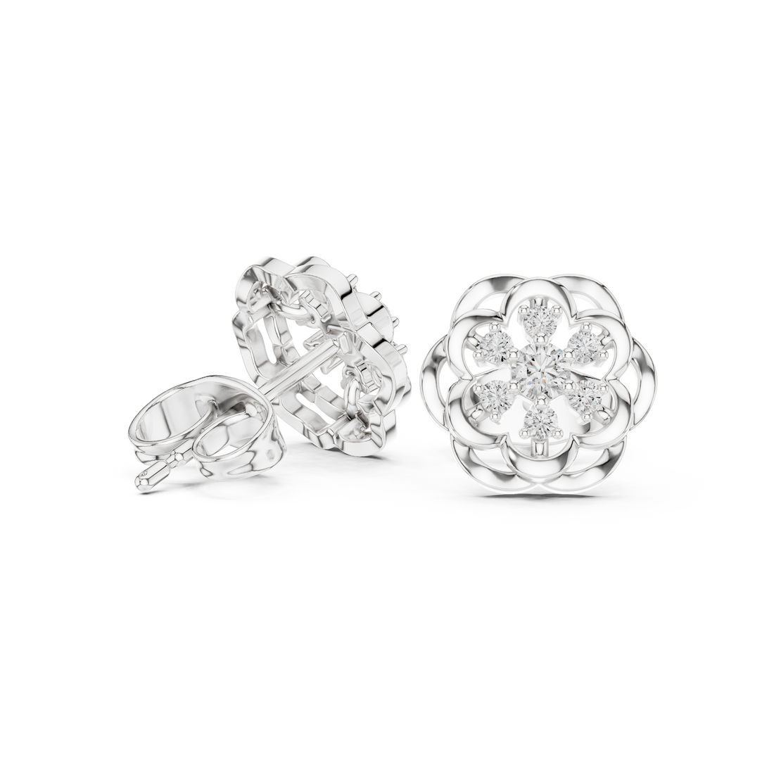 Round Diamond Floral Cluster Lace Halo Stud Earrings with Layered Openwork Design