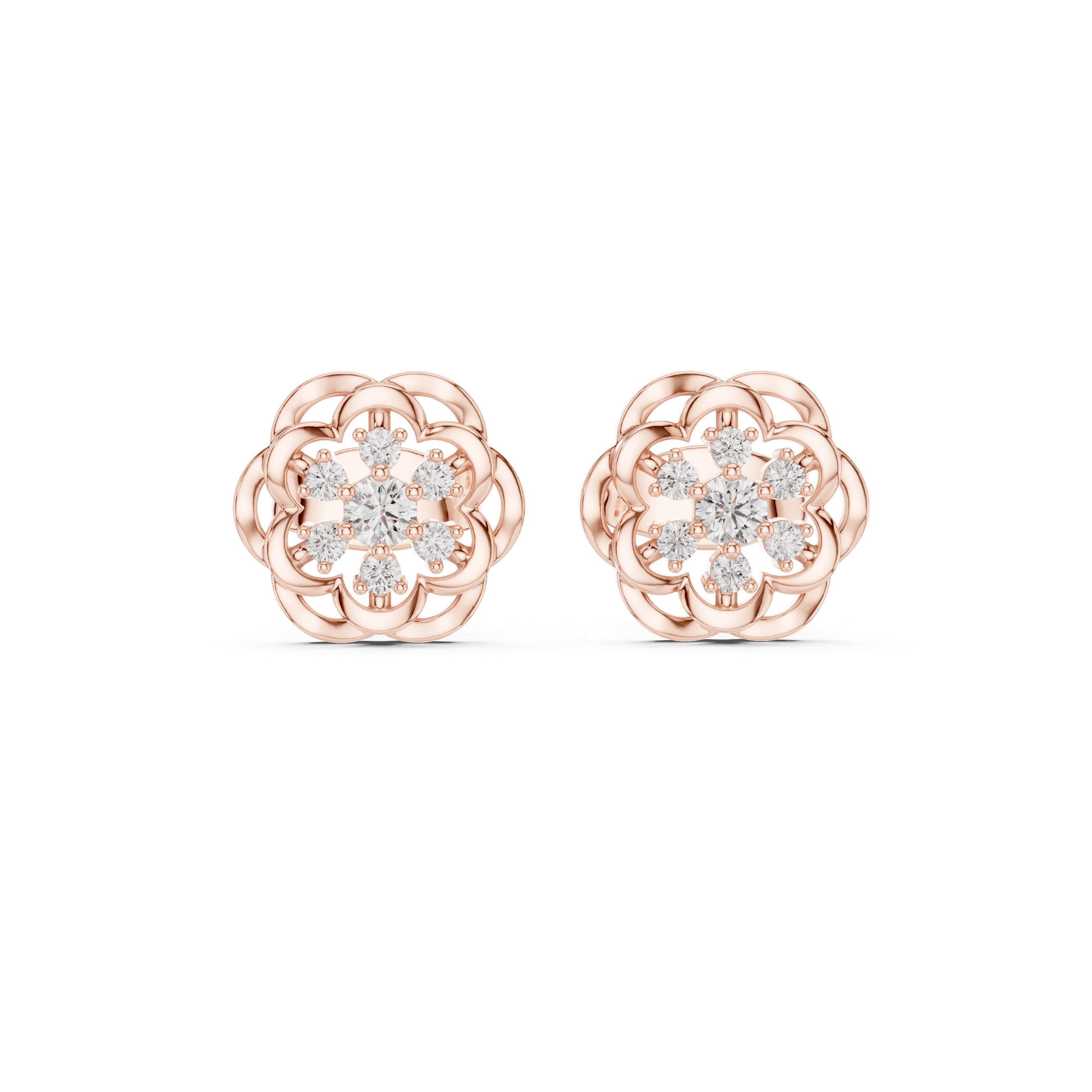 Round Diamond Floral Cluster Lace Halo Stud Earrings with Layered Openwork Design